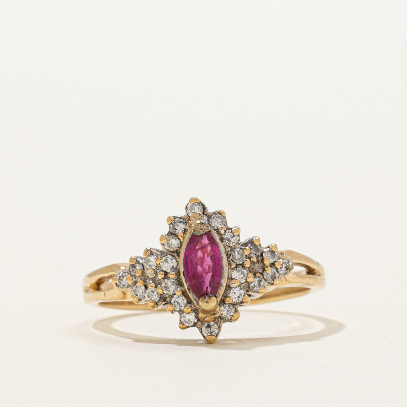 Marquise Cut Synthetic Ruby & Natural Diamond Cluster Ring | 0.22ct, 0.20ctw | SZ 6.5
