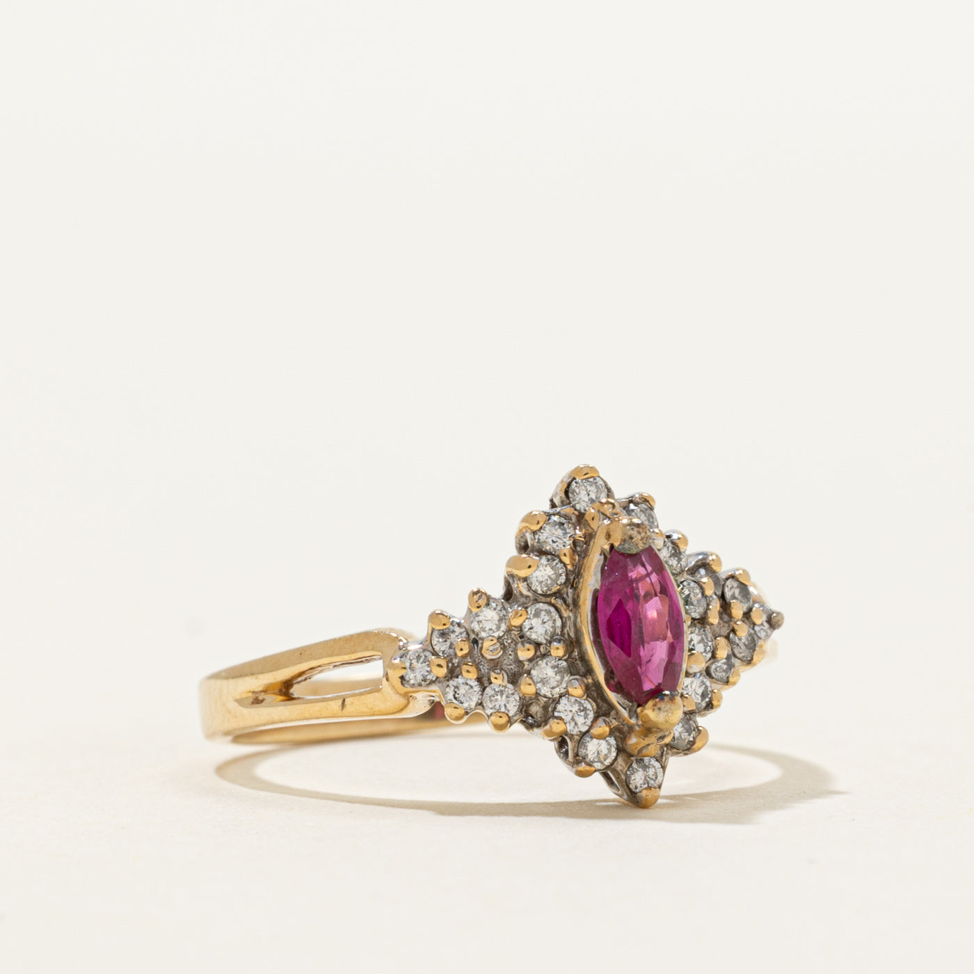 Marquise Cut Synthetic Ruby & Natural Diamond Cluster Ring | 0.22ct, 0.20ctw | SZ 6.5