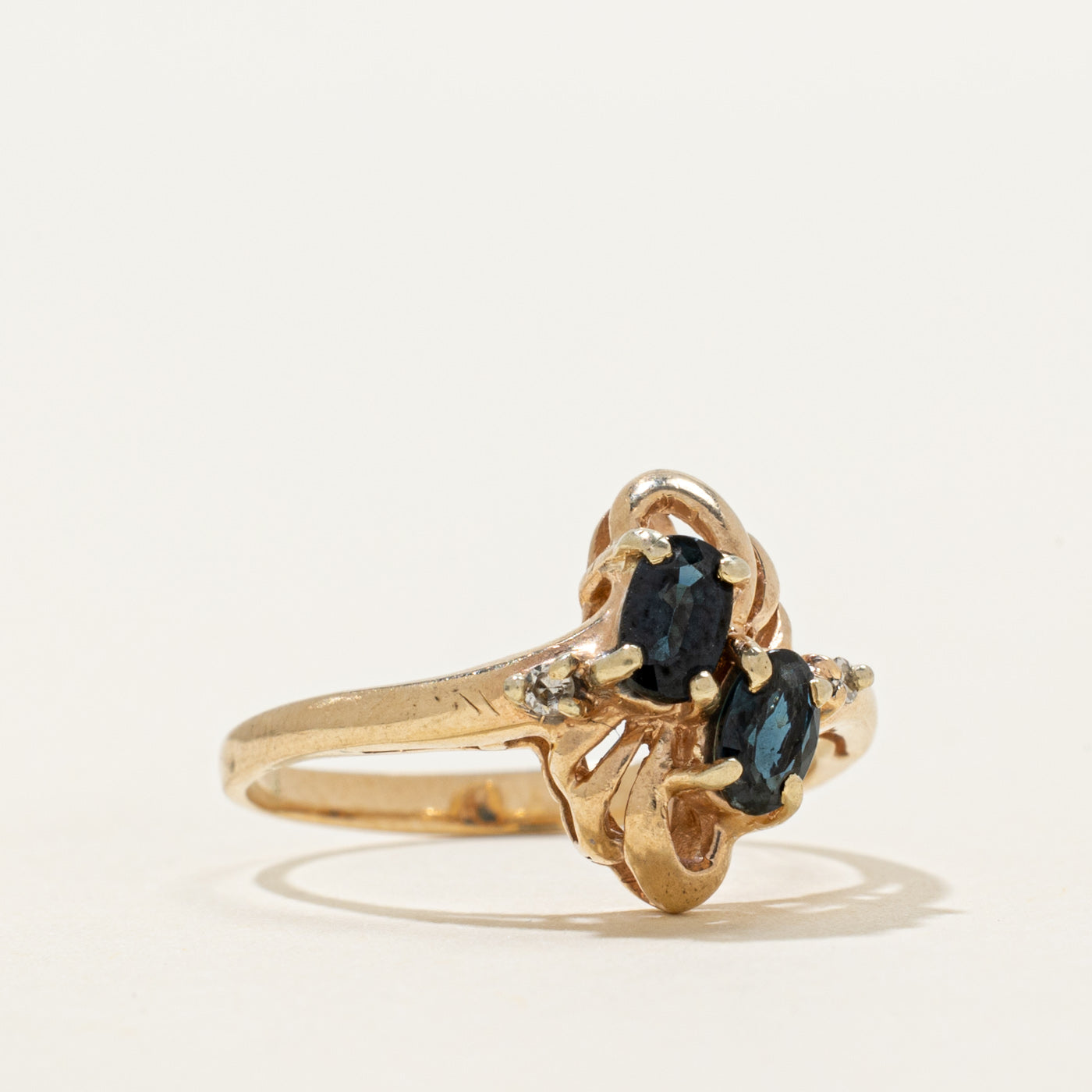 Two Stone Sapphire & Diamond Grooved Ring | 0.58ctw, 0.02ctw | SZ 5.75