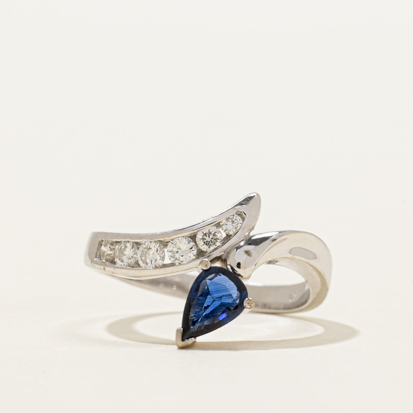 18k Pear Cut Sapphire & Diamond Bypass Ring | 0.40ct, 0.20ctw | SZ 5.5