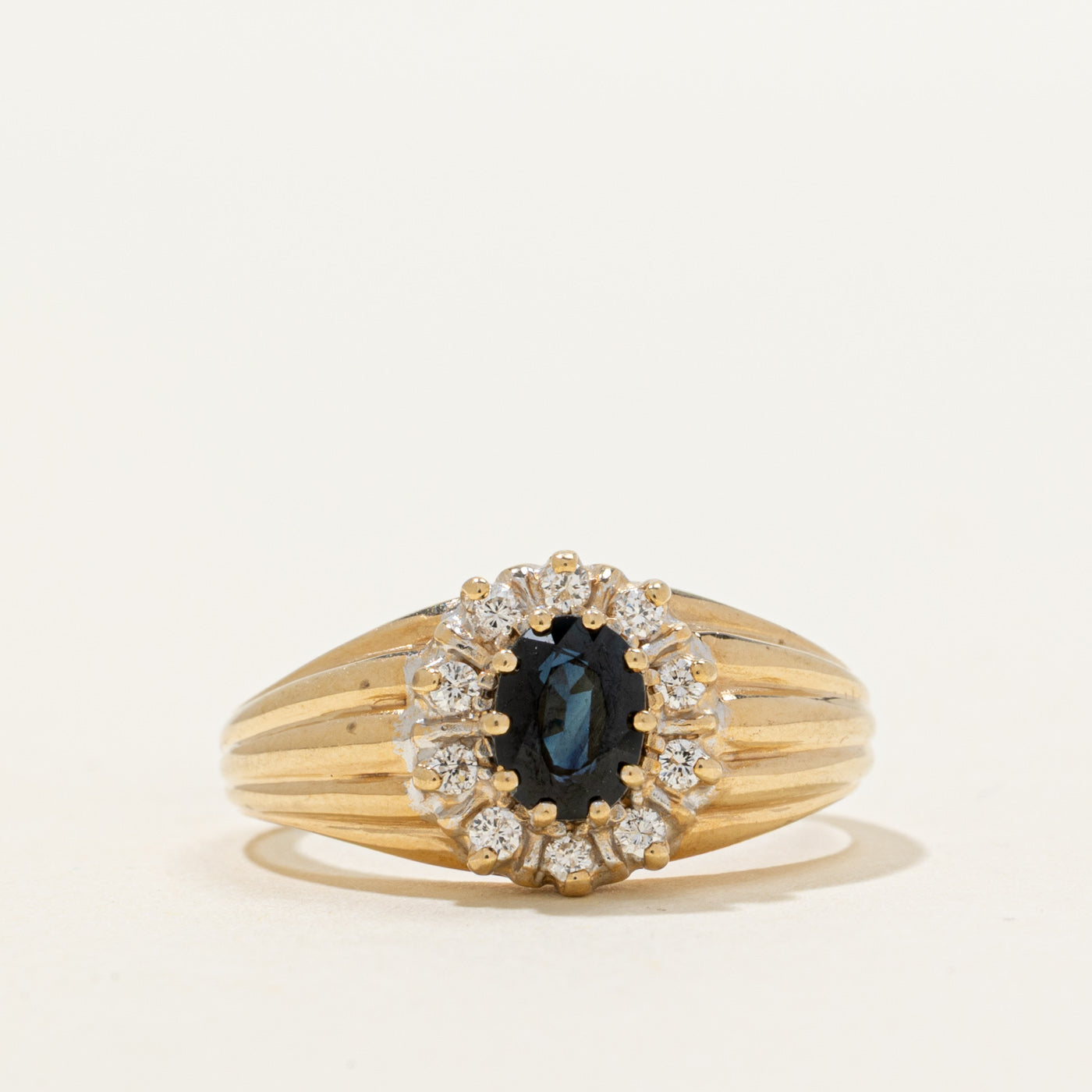 Sapphire & Diamond Halo Grooved Ring | 0.50ct, 0.10ctw | SZ 6.75