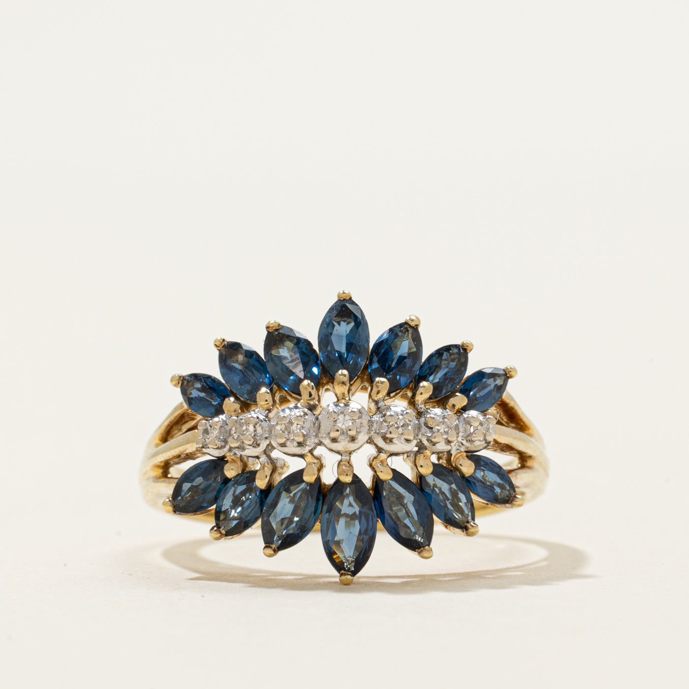 Multi Row Marquise Cut Sapphire & Diamond Cocktail Ring | 1.00ctw, 0.02ctw | SZ 7
