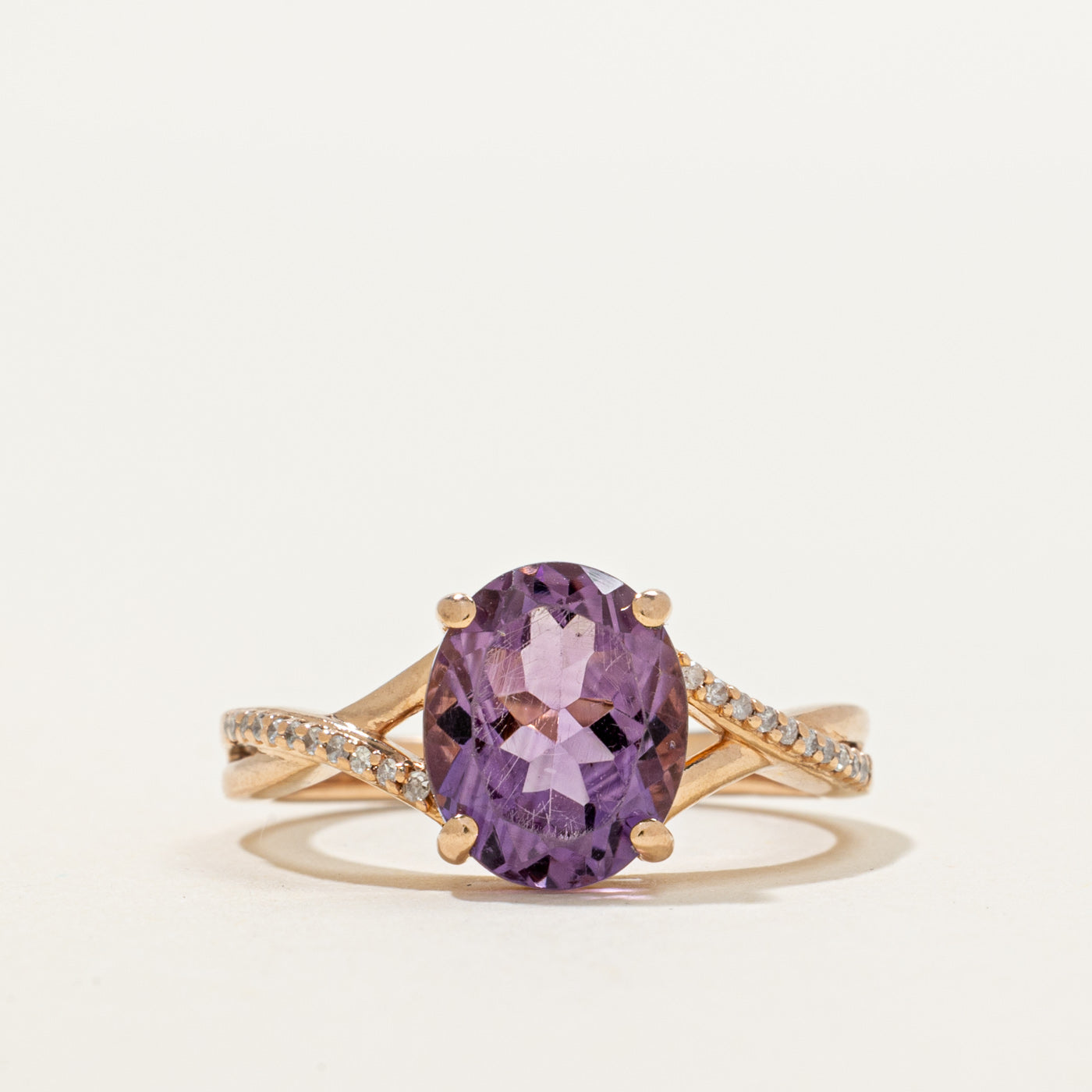 Oval Cut Amethyst & Diamond Cross Over Ring | 2.65ct, 0.07ctw | SZ 7