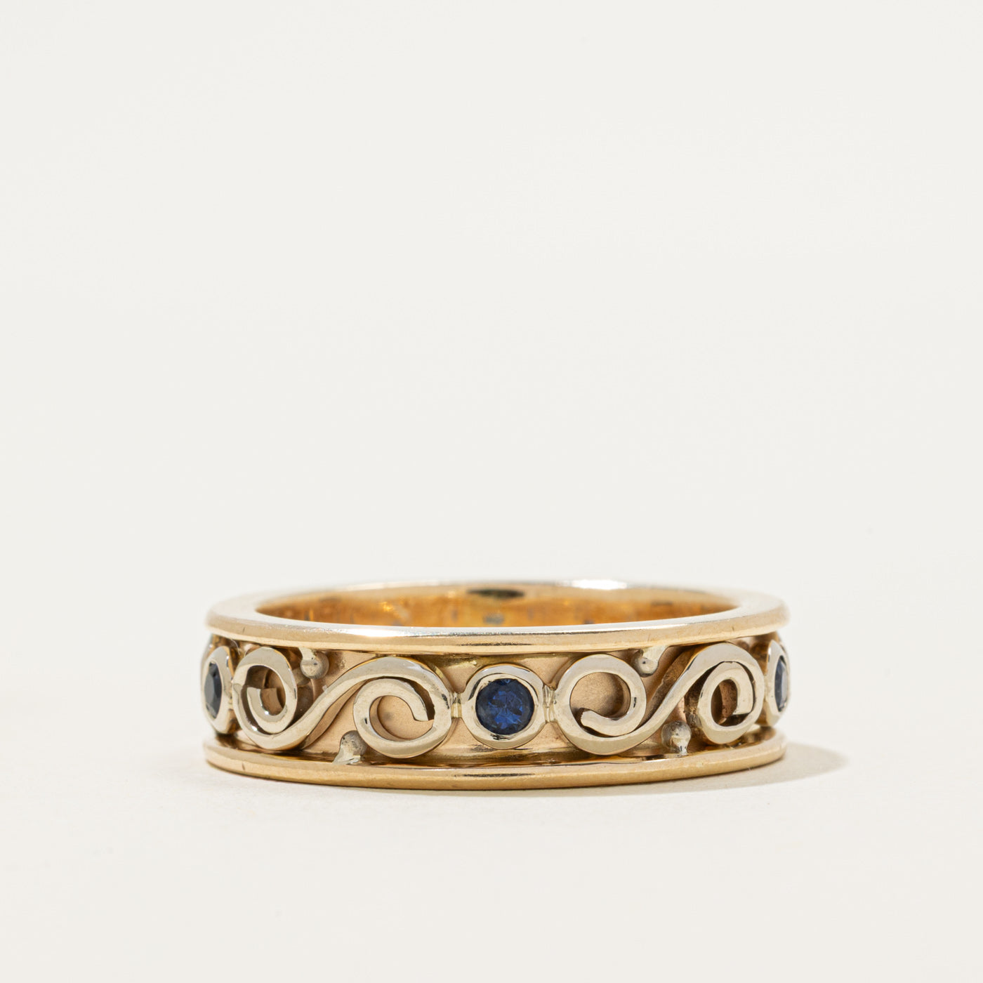 Two Tone Eternity Sapphire Scrollwork Band | 0.35ctw | 6.35mm | SZ 9.5