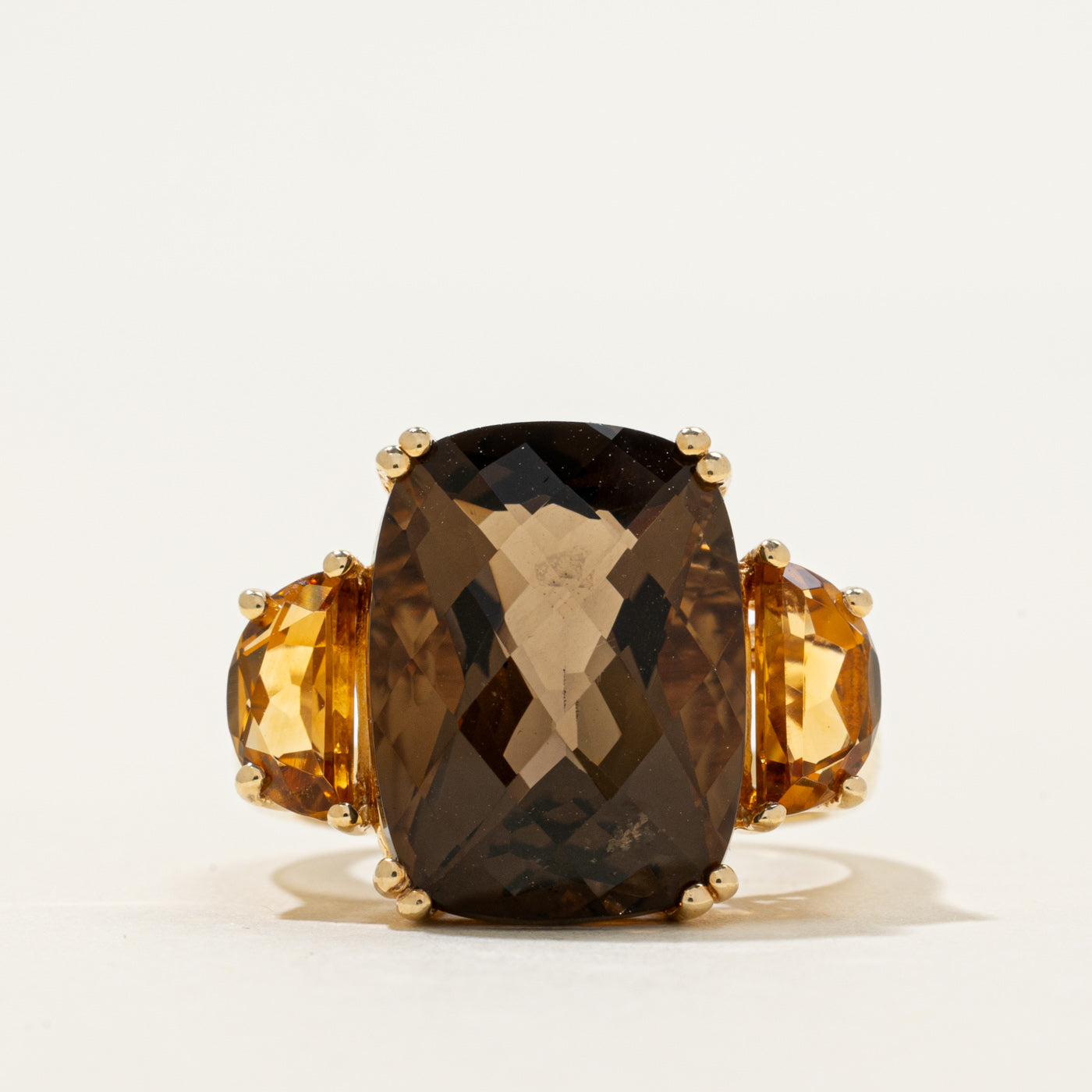 Cushion Cut Smoky Quartz & Citrine Cocktail Ring | 14.00ct, 1.64ctw | SZ 7.25