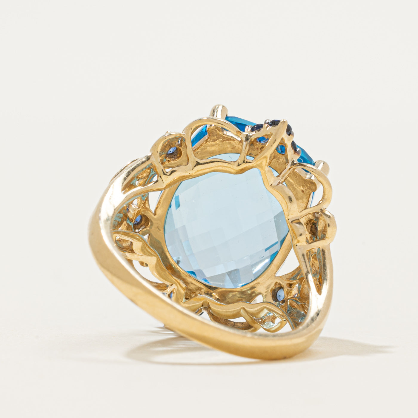 Cushion Cut Blue Topaz & Sapphire Cocktail Ring | 14.00ct, 0.38ctw | SZ 7