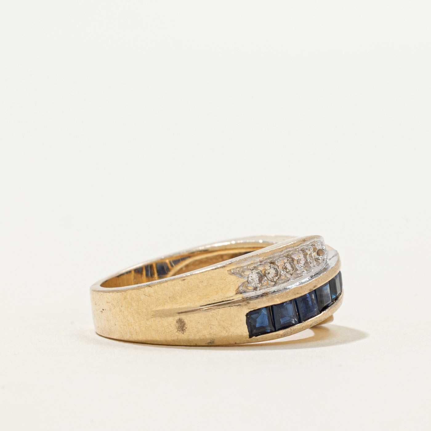 Channel Set Sapphire & Diamond Cross Over Ring | 0.80ctw, 0.12ctw | SZ 5.5