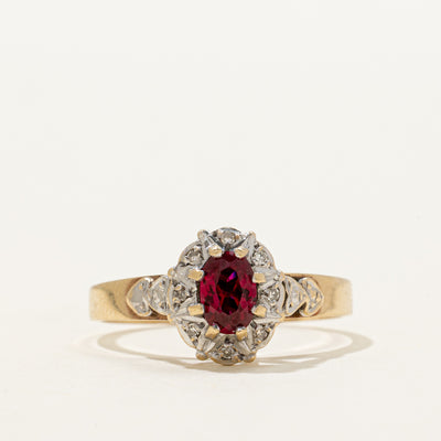 Oval Cut Synthetic Ruby & Natural Diamond Halo Ring | 0.33ct, 0.04ctw | SZ 8.75