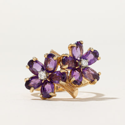 Amethyst & Diamond Floral Cocktail Ring | 3.50ctw, 0.07ctw | SZ 7.25