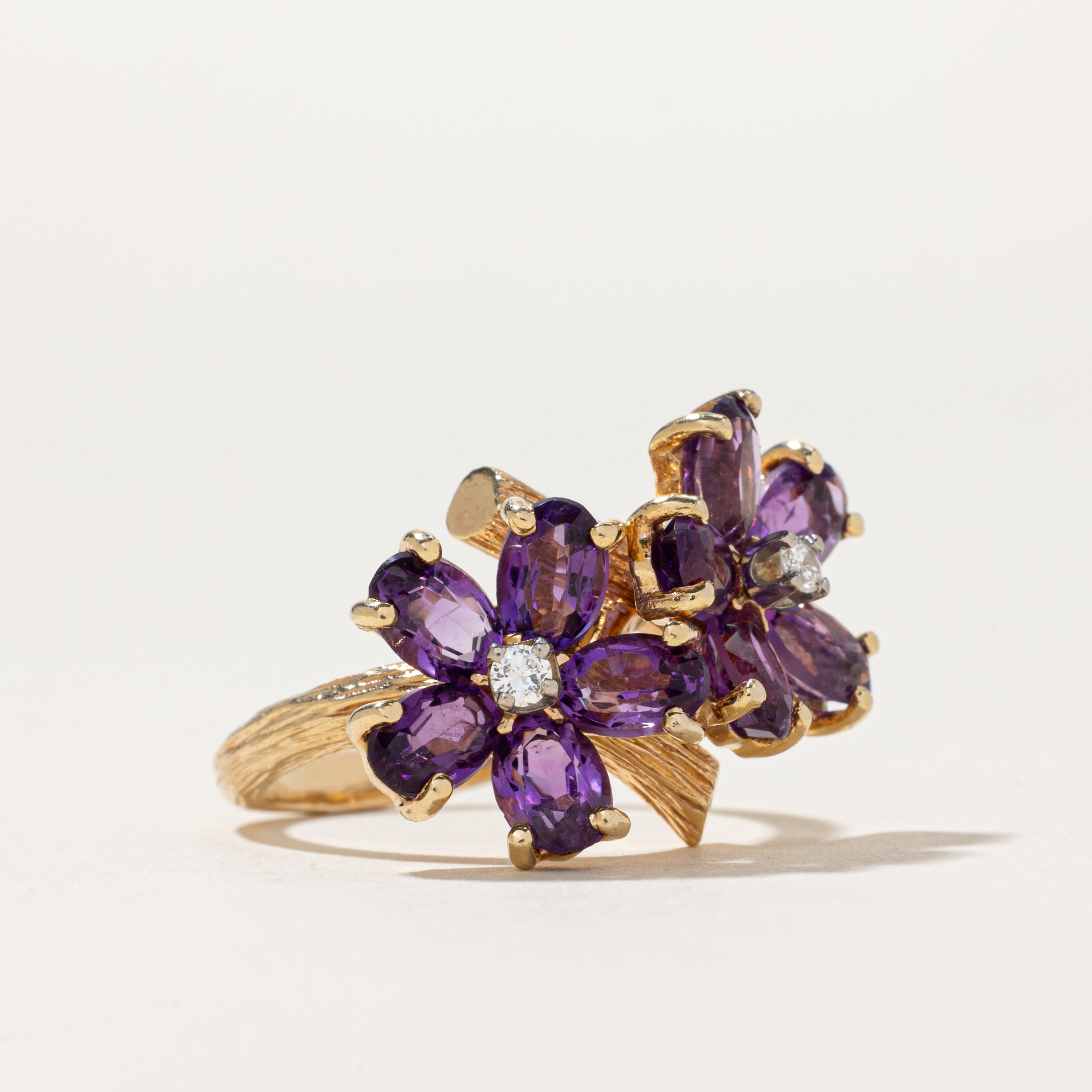 Amethyst & Diamond Floral Cocktail Ring | 3.50ctw, 0.07ctw | SZ 7.25