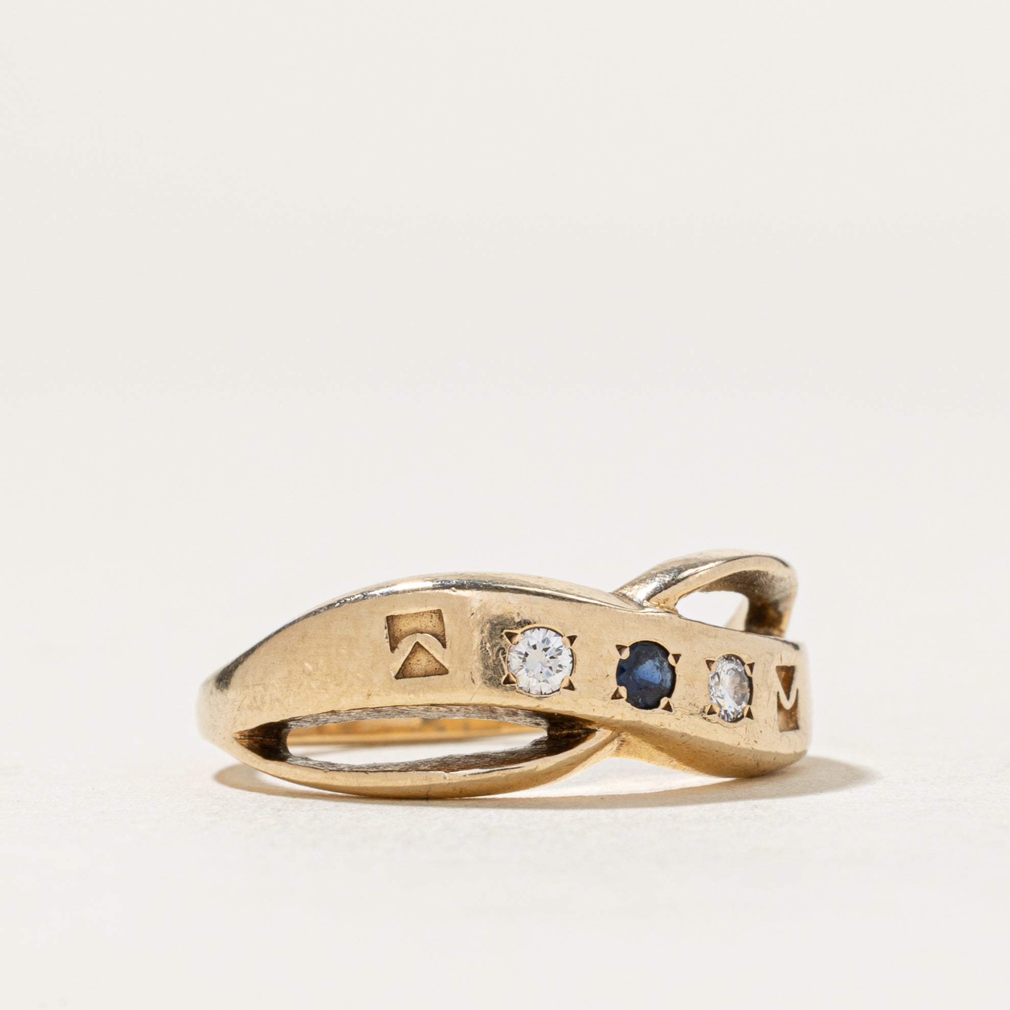 Three Stone Sapphire & Diamond Cross Over Ring | 0.05ct, 0.025ctw | SZ 6