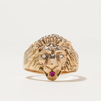 Diamond & Synthetic Ruby Lion Head Ring | 0.04ctw, 0.03ct | SZ 14