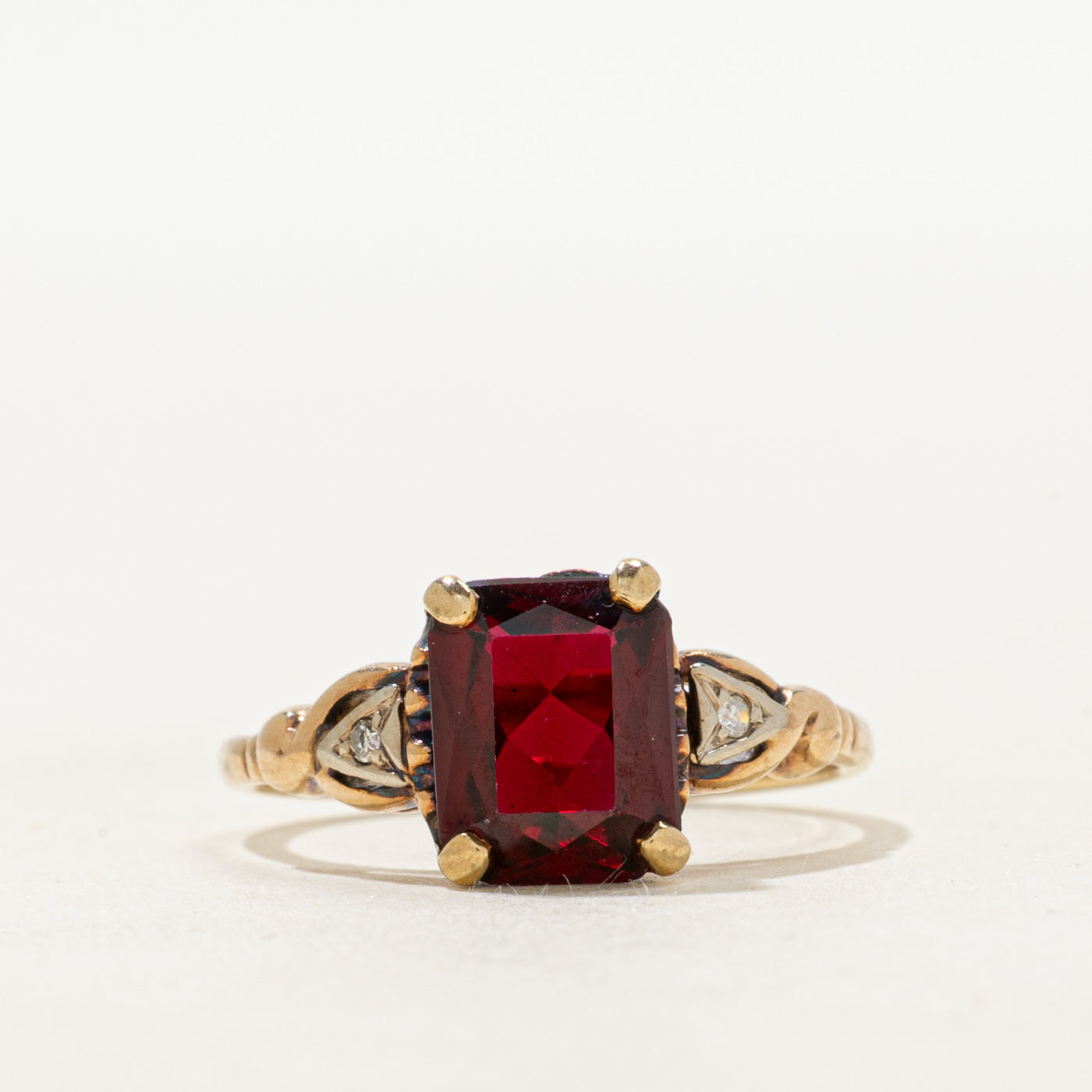Radiant Cut Synthetic Ruby & Natural Diamond Ring | 3.00ct, 0.02ct | SZ 7