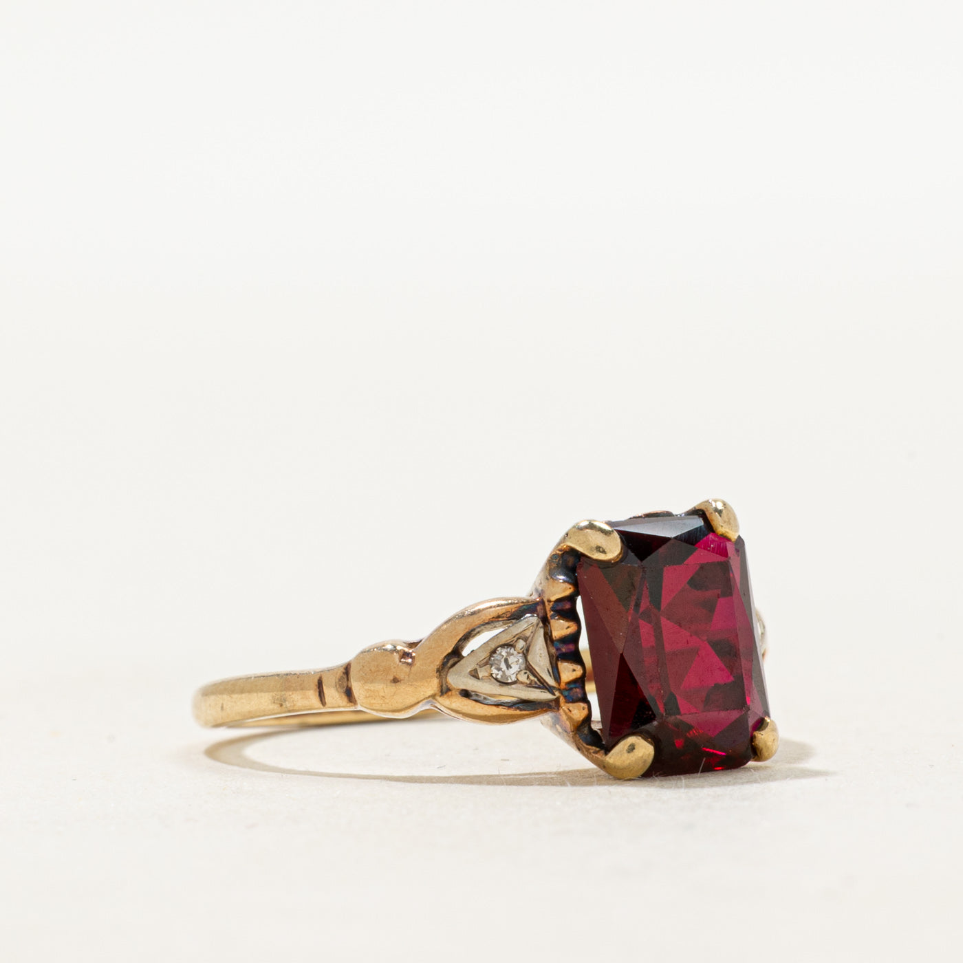 Radiant Cut Synthetic Ruby & Natural Diamond Ring | 3.00ct, 0.02ct | SZ 7