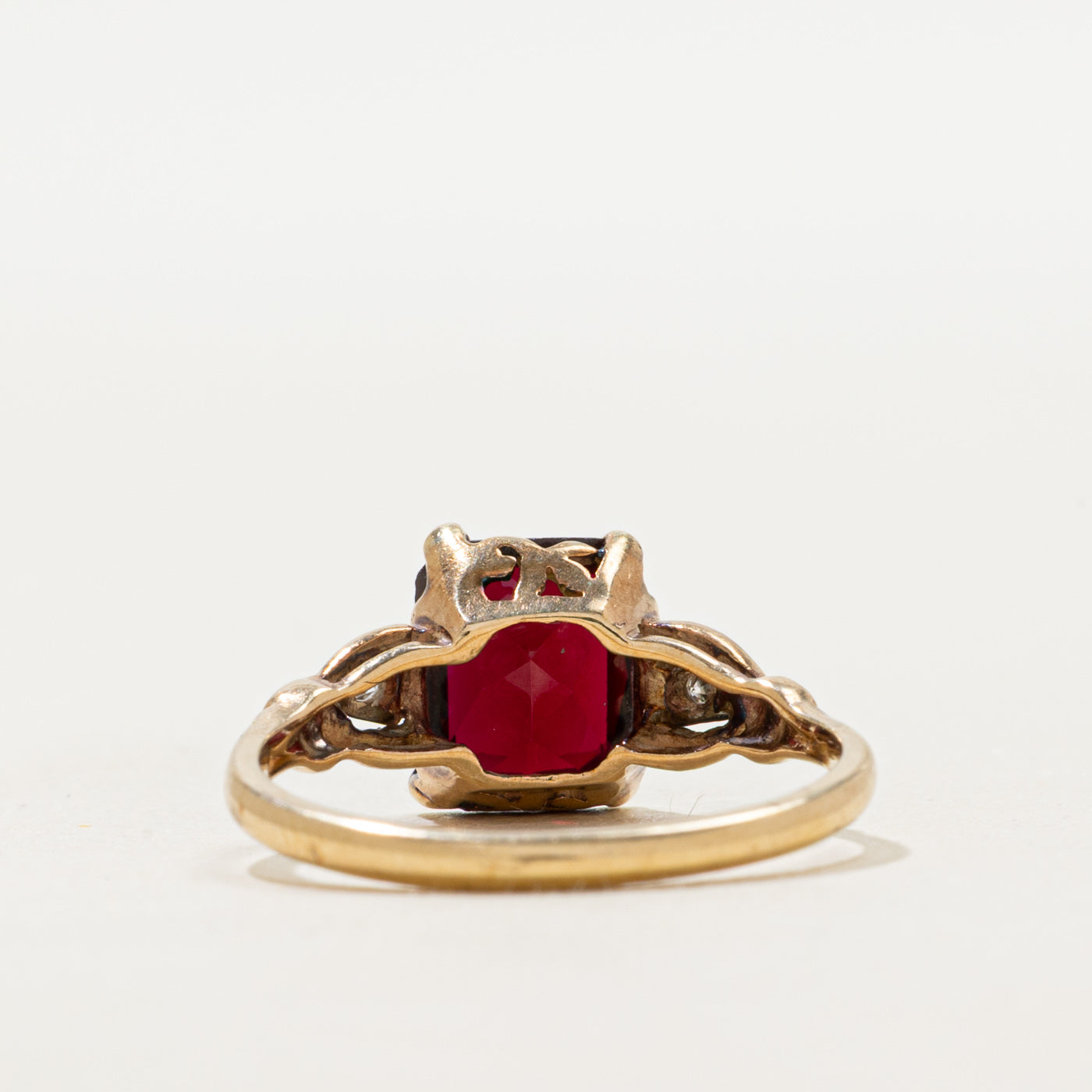 Radiant Cut Synthetic Ruby & Natural Diamond Ring | 3.00ct, 0.02ct | SZ 7