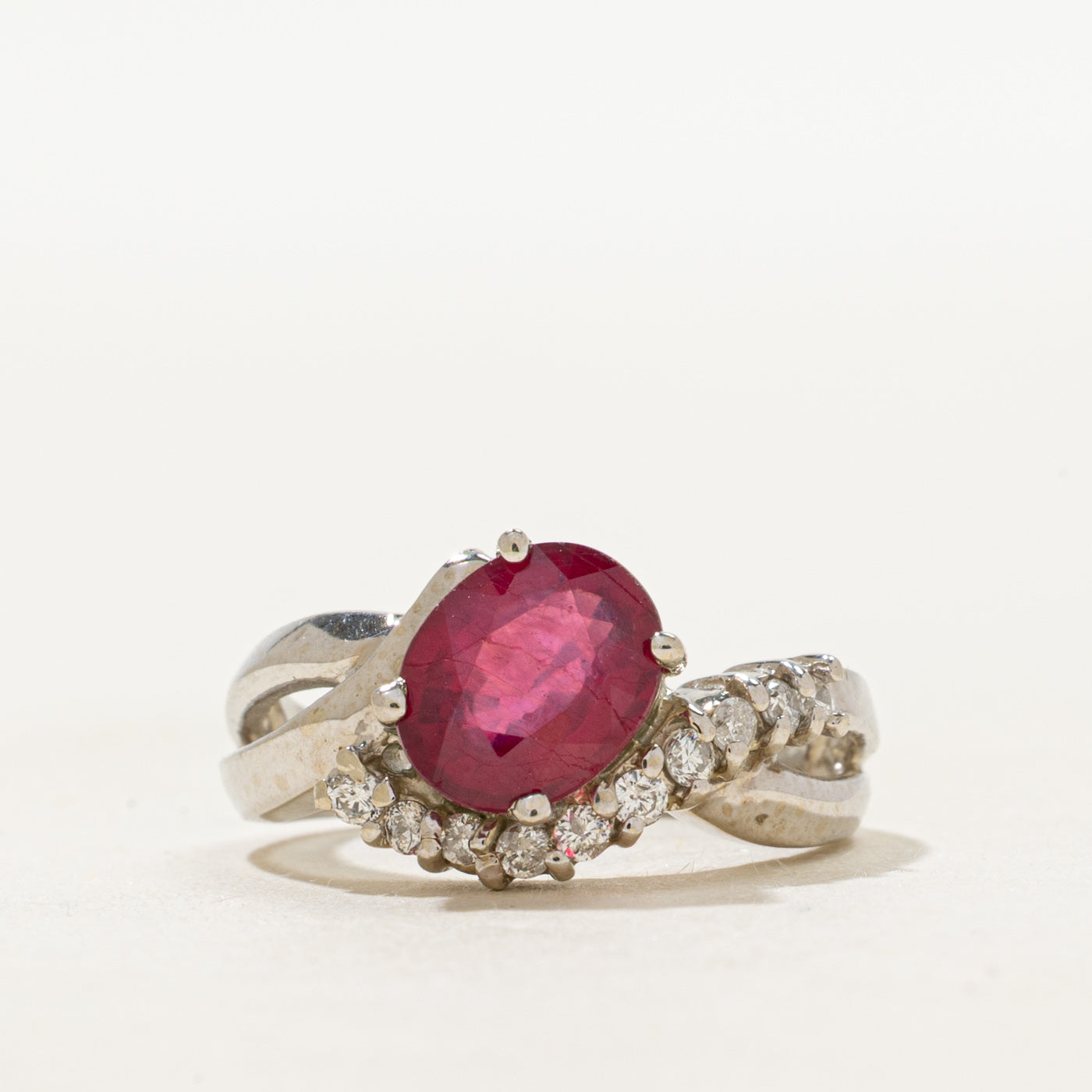 Basket Set Fracture Filled Ruby & Diamond Cross Over Ring | 2.25ct, 0.15ctw | SZ 5