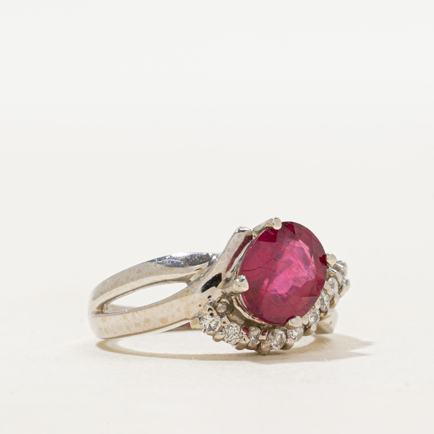 Basket Set Fracture Filled Ruby & Diamond Cross Over Ring | 2.25ct, 0.15ctw | SZ 5