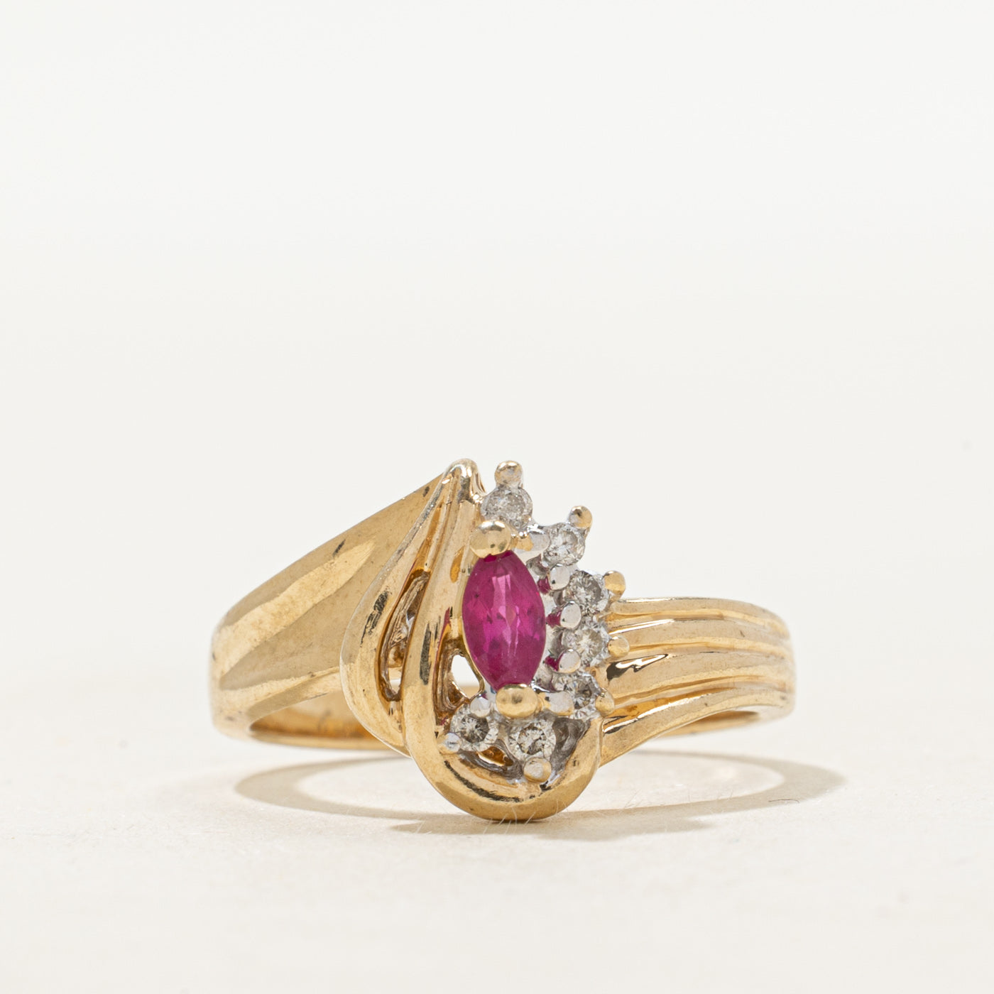 Marquise Cut Ruby & Diamond Grooved Bypass Ring | 0.12ct, 0.07ctw | SZ 6.25