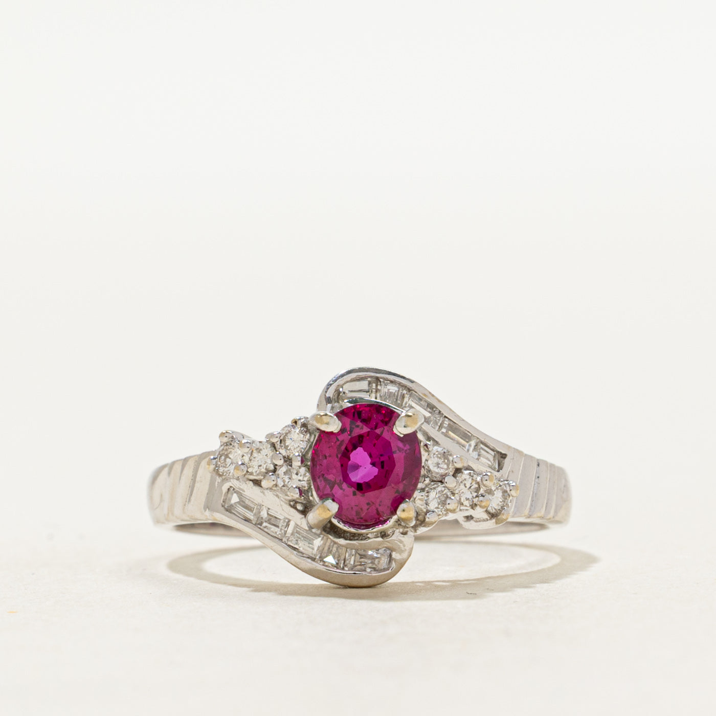 18k Oval Cut Ruby & Diamond Bypass Ring | 0.85ct, 0.20ctw | SZ 6.5