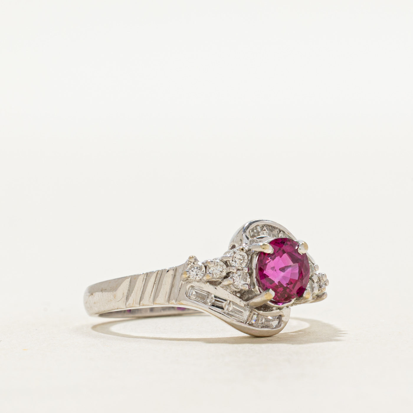 18k Oval Cut Ruby & Diamond Bypass Ring | 0.85ct, 0.20ctw | SZ 6.5