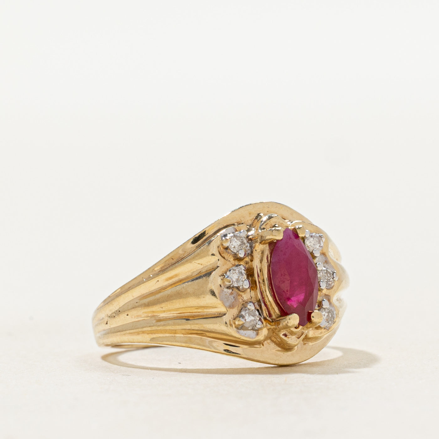 Marquise Cut Ruby & Diamond Grooved Ring | 0.38ct, 0.06ctw | SZ 4.5