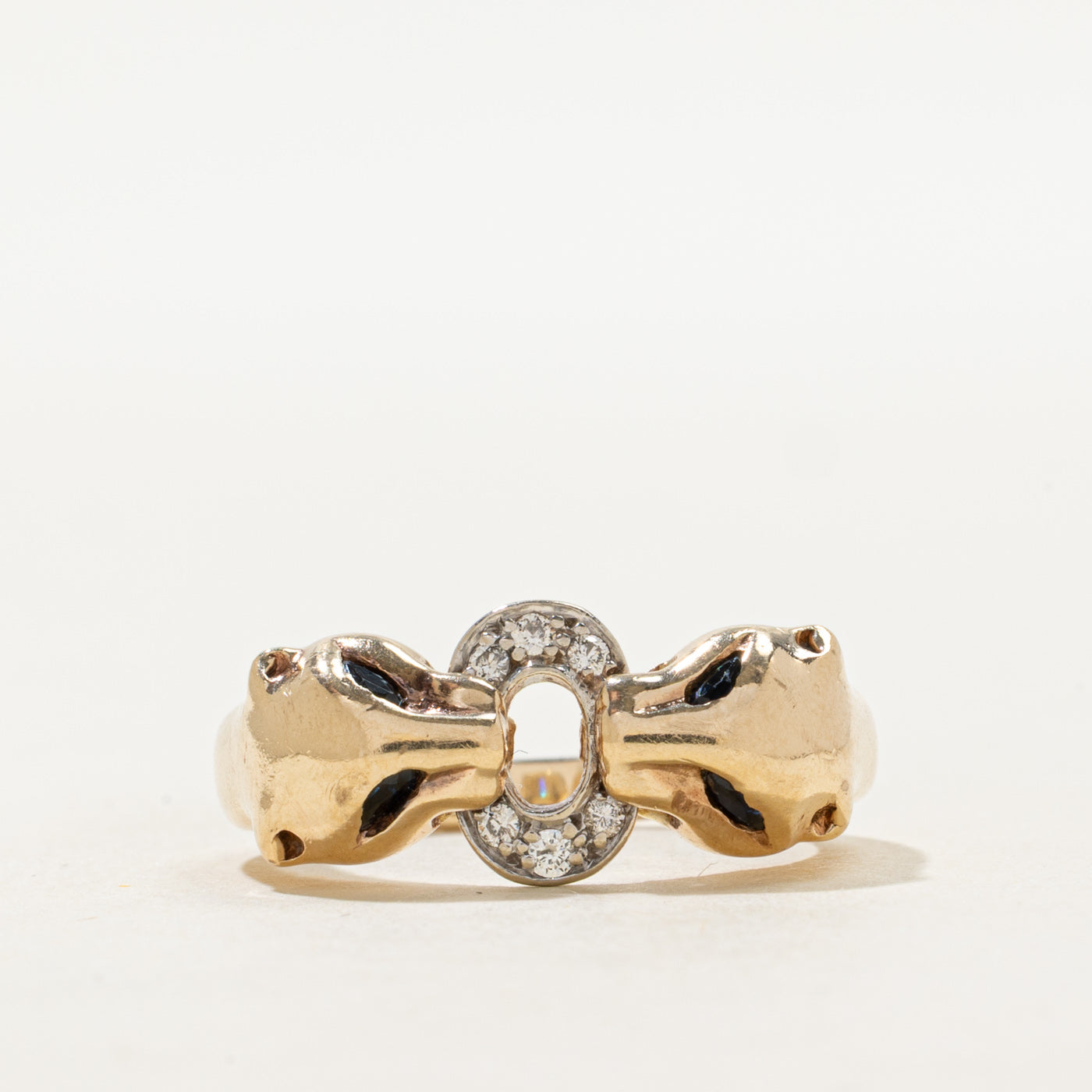 Two Tone Marquise Cut Sapphire & Diamond Panther Head Ring | 0.12ctw, 0.08ctw | SZ 6.75