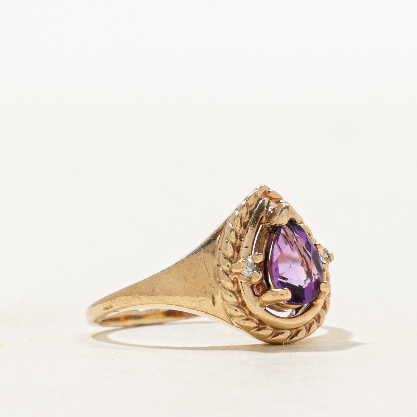 Pear Cut Amethyst & Diamond Rope Ring | 0.30ct, 0.02ct | SZ 3.25