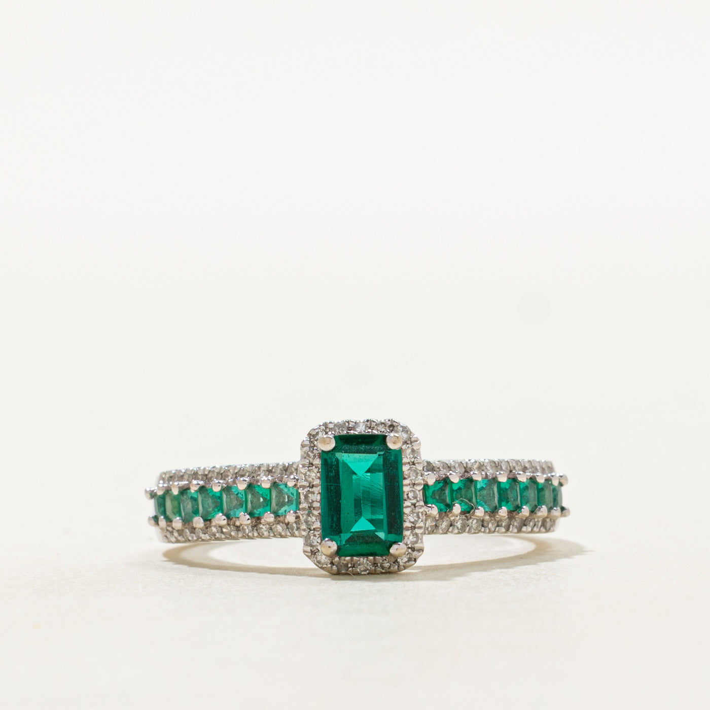 White Gold Synthetic Emerald & Diamond Cathedral Ring | 0.75ctw, 0.20ctw | SZ 7
