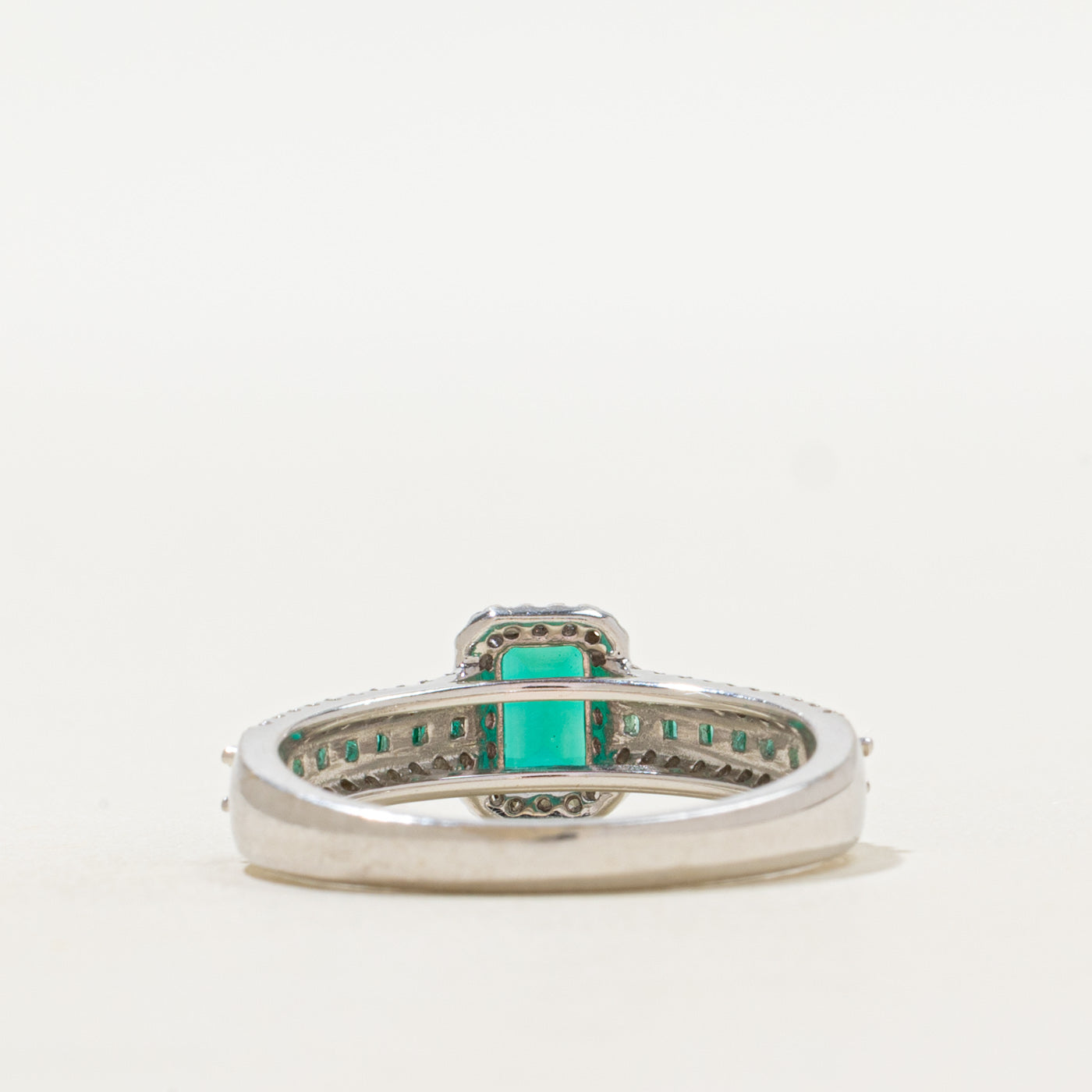 White Gold Synthetic Emerald & Diamond Cathedral Ring | 0.75ctw, 0.20ctw | SZ 7
