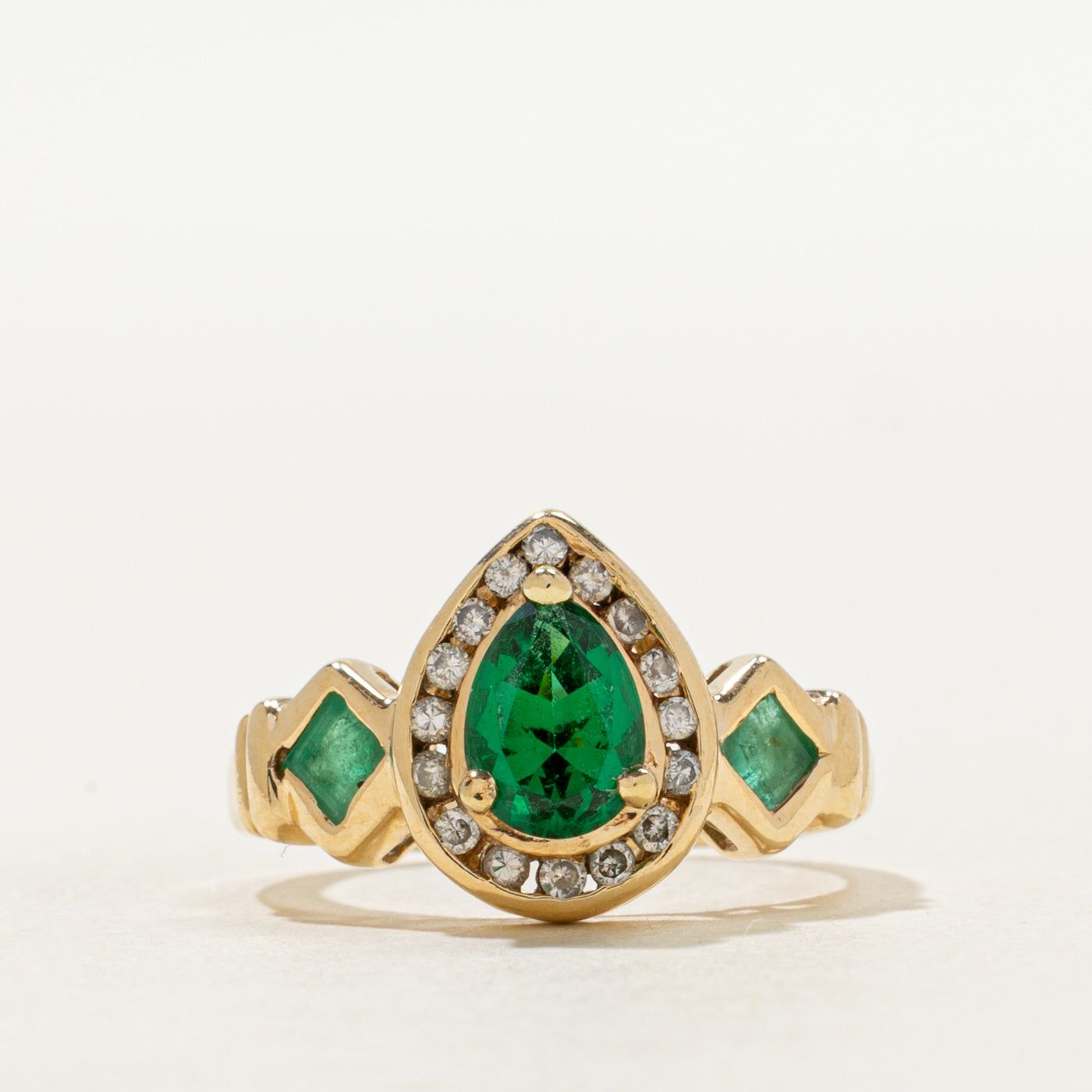 Pear Cut Green Paste Glass, Emerald & Diamond Halo Ring | 0.90ct, 0.20ctw | SZ 4.5