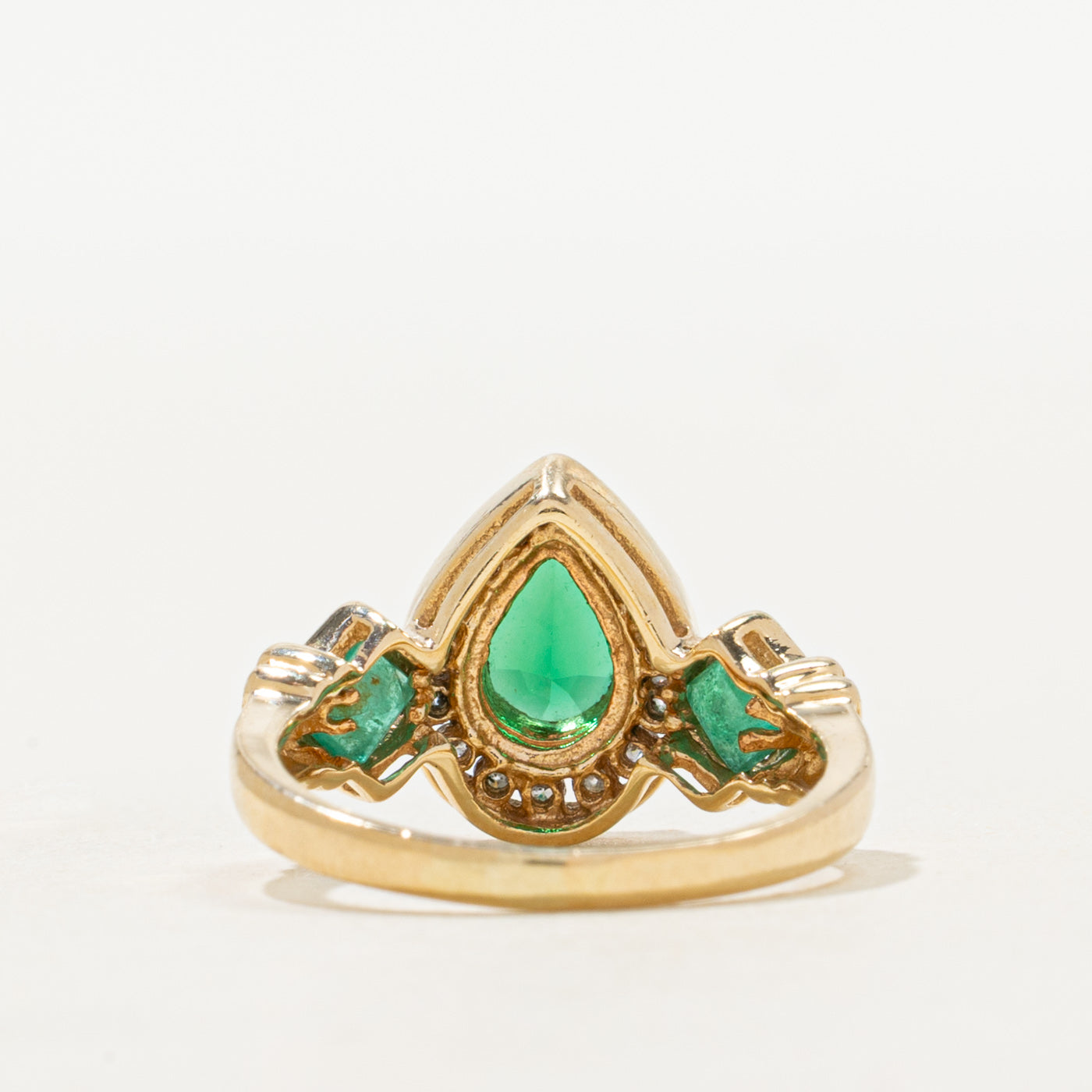 Pear Cut Green Paste Glass, Emerald & Diamond Halo Ring | 0.90ct, 0.20ctw | SZ 4.5