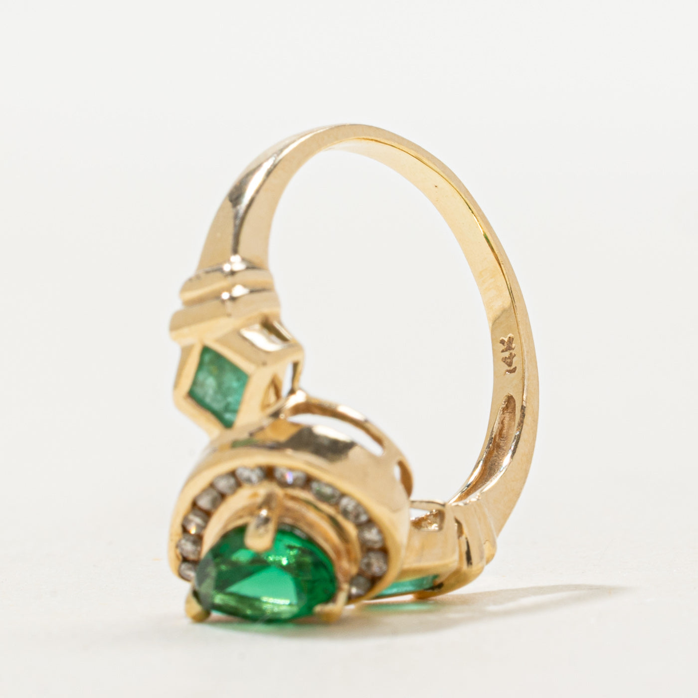 Pear Cut Green Paste Glass, Emerald & Diamond Halo Ring | 0.90ct, 0.20ctw | SZ 4.5