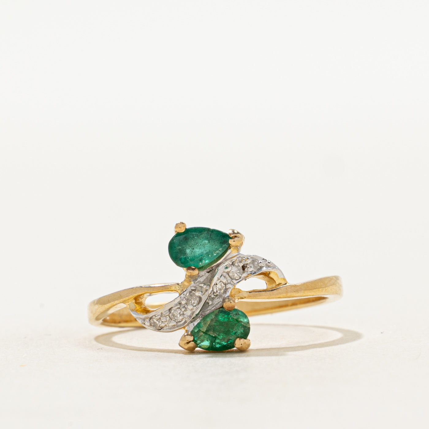 Two Stone Emerald & Diamond Bypass Ring | 0.28ctw, 0.05ctw | SZ 7.5