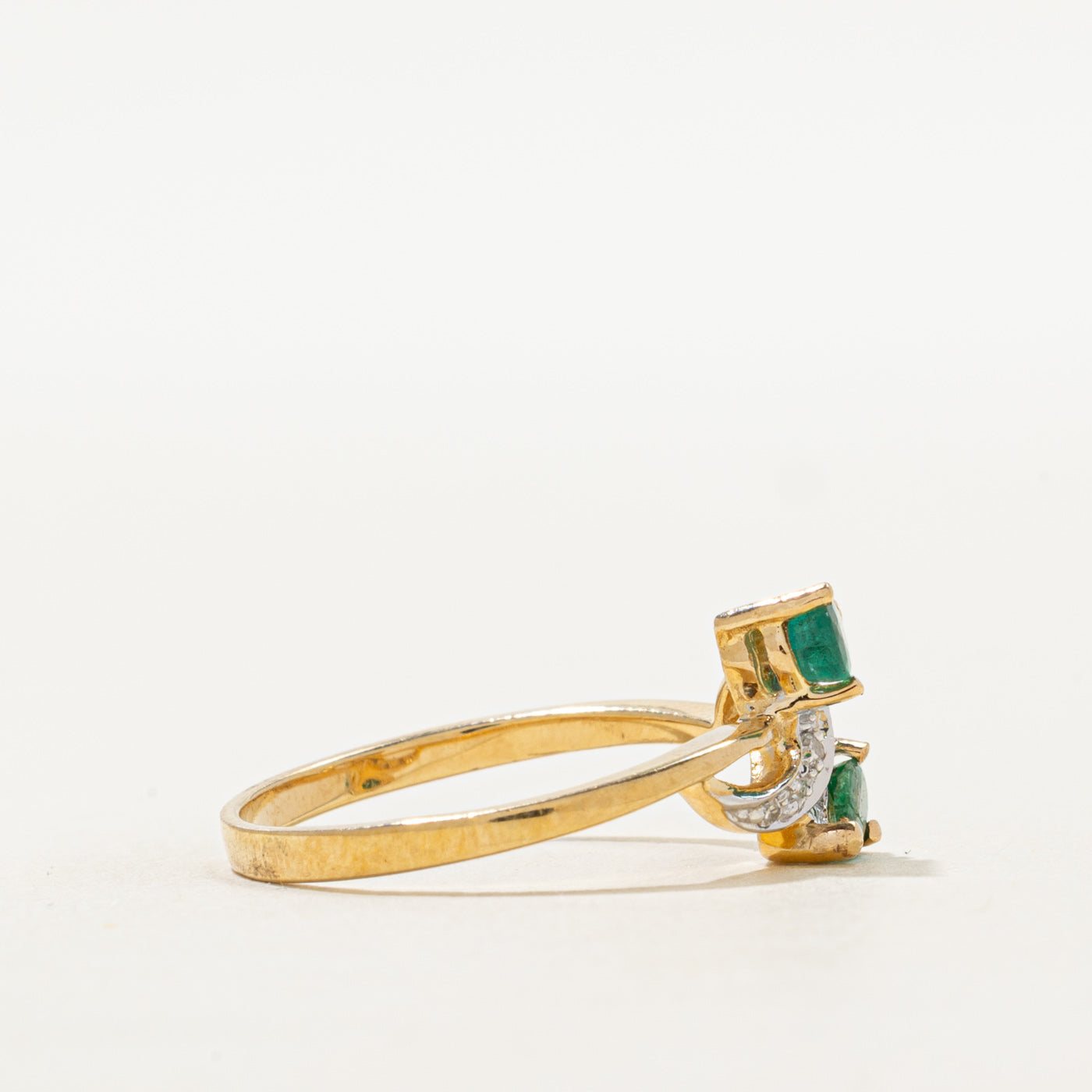 Two Stone Emerald & Diamond Bypass Ring | 0.28ctw, 0.05ctw | SZ 7.5