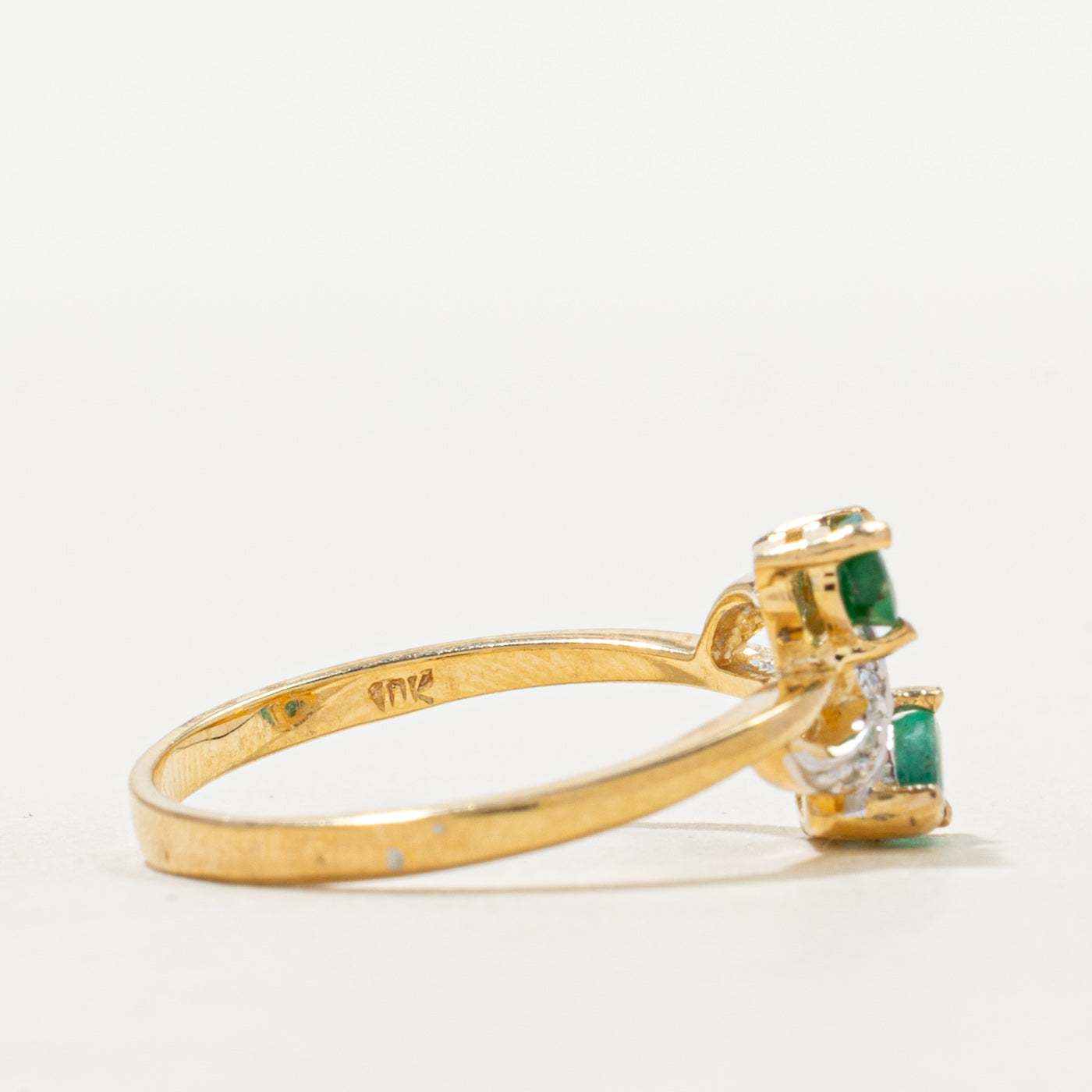 Two Stone Emerald & Diamond Bypass Ring | 0.28ctw, 0.05ctw | SZ 7.5