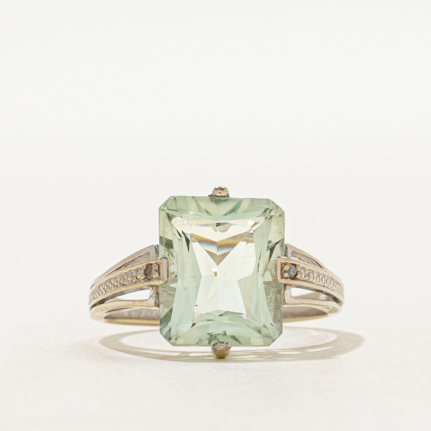 Basket Set Radiant Cut Prasiolite & Diamond Cocktail Ring | 3.00ct, 0.01ctw | SZ 8.75