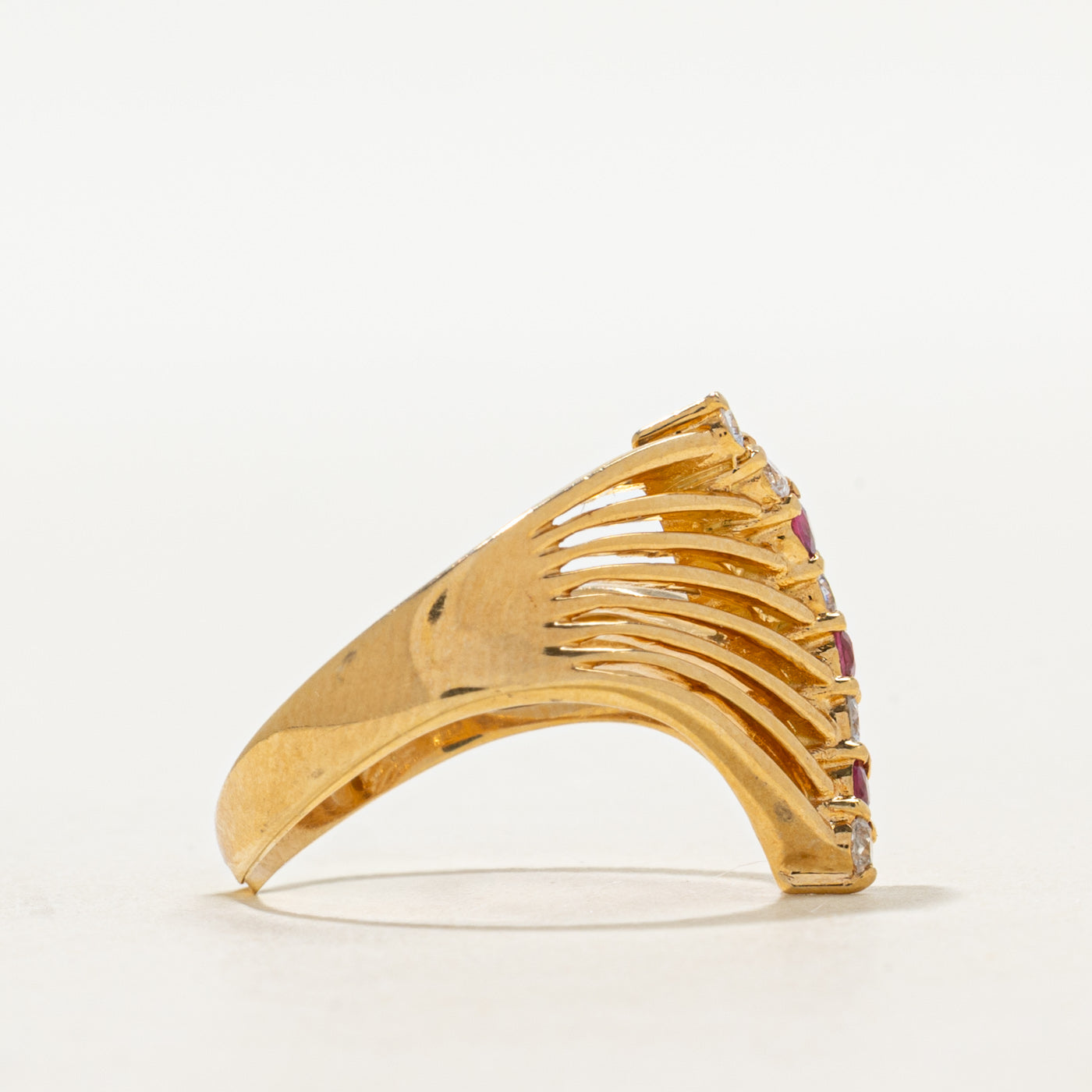 18k Ruby & Diamond Openwork Chevron Ring | 0.16ctw, 0.14ctw | SZ 6.25