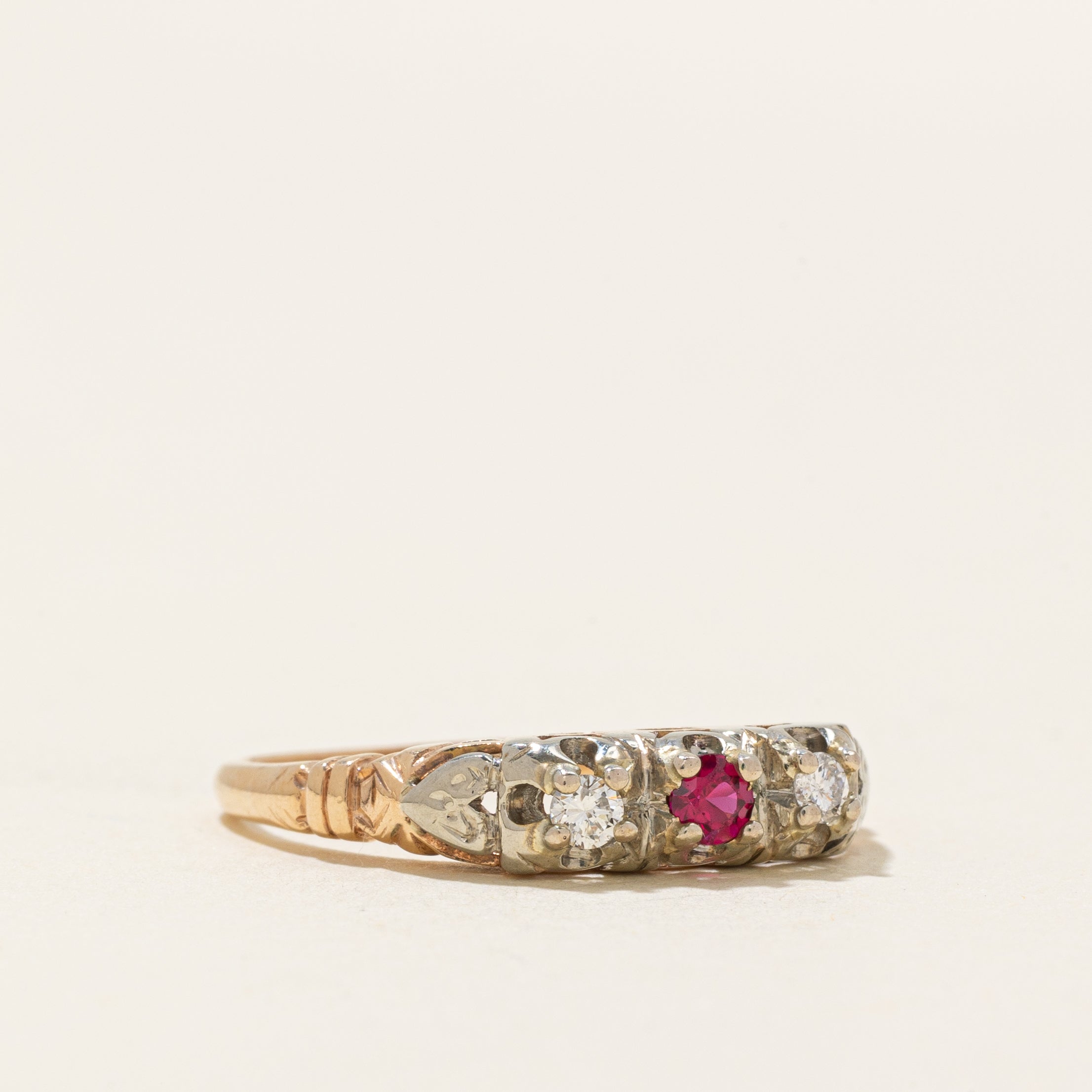 Synthetic Ruby & Natural Diamond Engraved Ring | 0.07ct, 0.08ctw | SZ 7