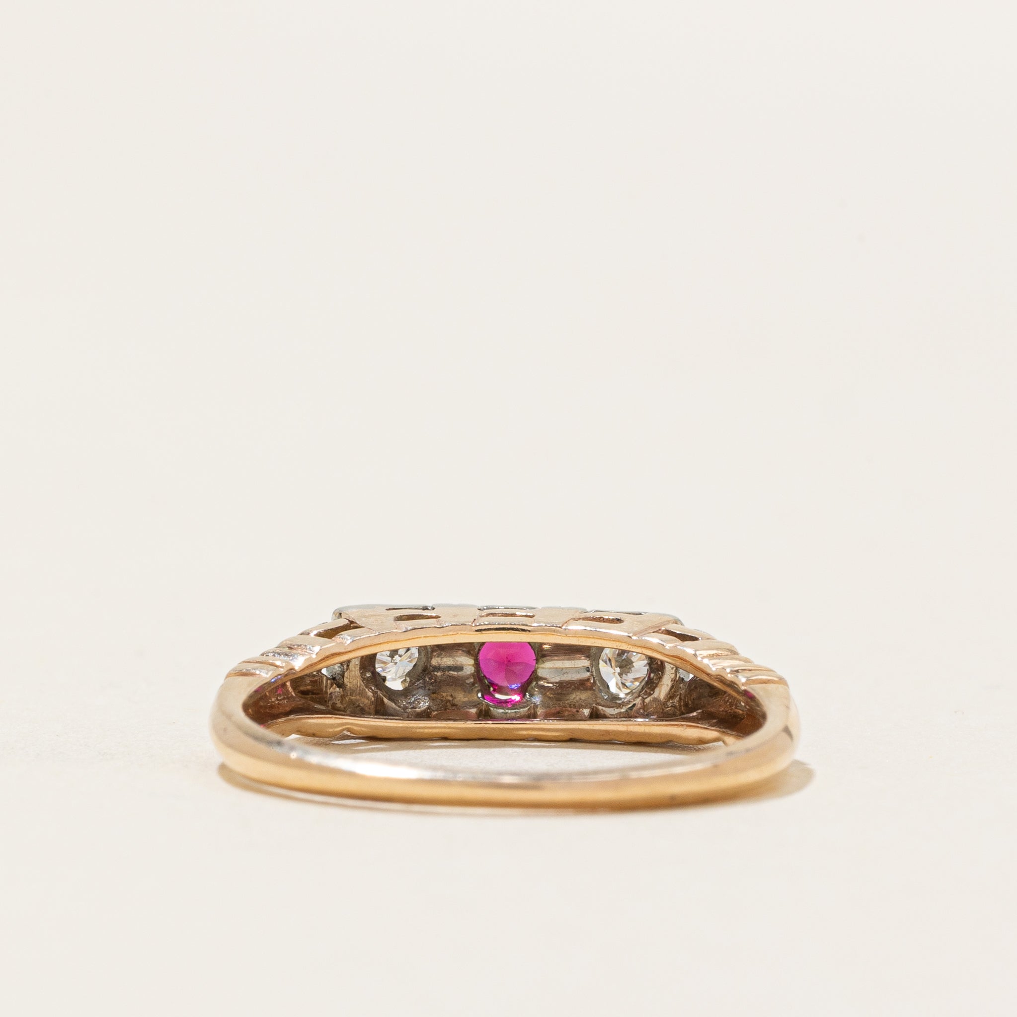 Synthetic Ruby & Natural Diamond Engraved Ring | 0.07ct, 0.08ctw | SZ 7