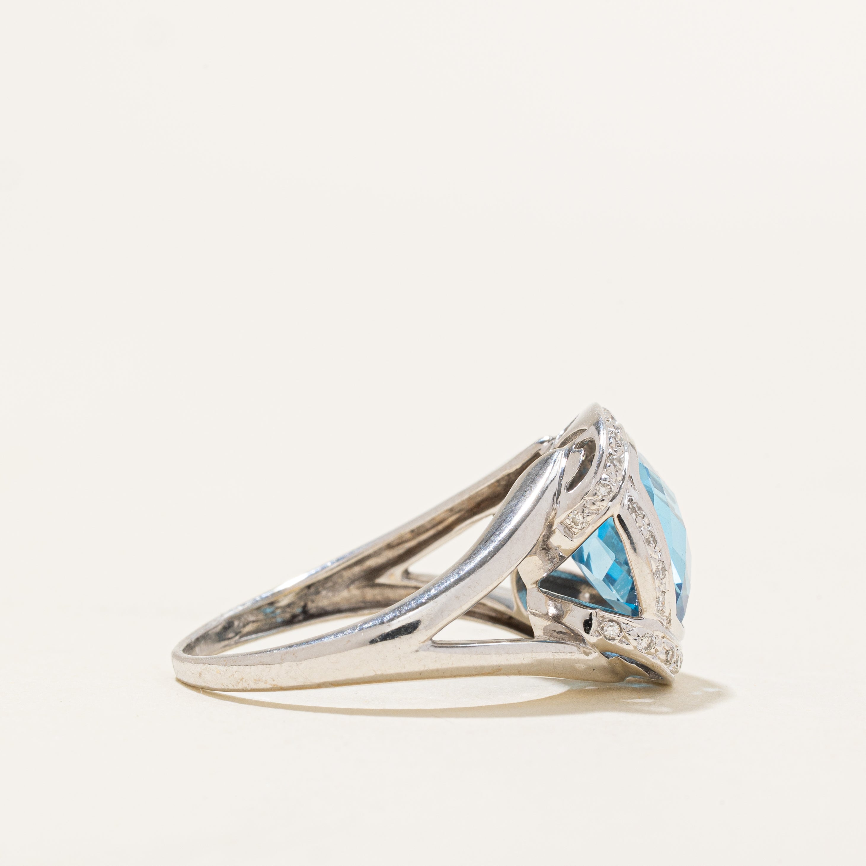 Cushion Cut Blue Topaz & Diamond Halo Cocktail Ring | 6.00ct, 0.15ctw | SZ 7.75
