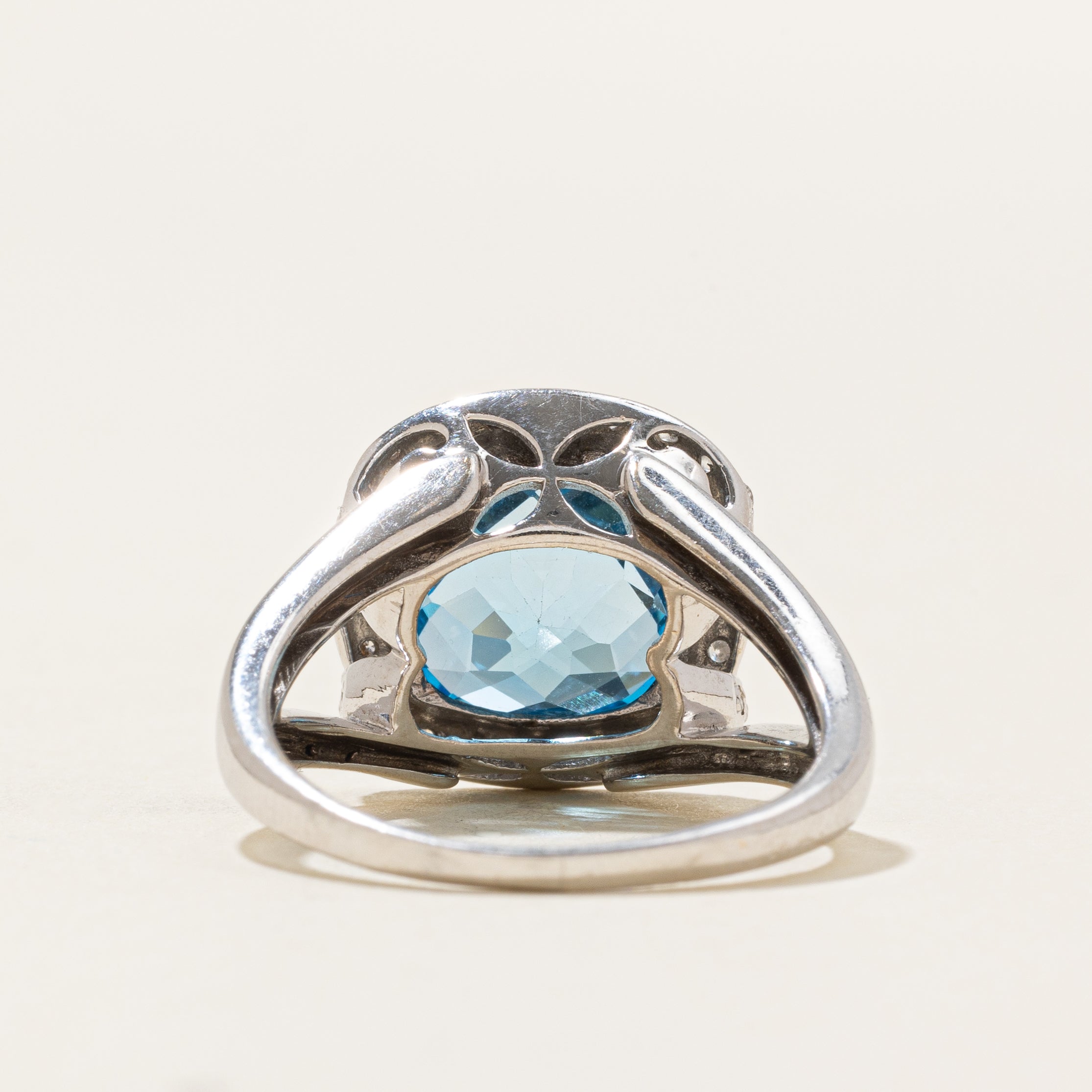 Cushion Cut Blue Topaz & Diamond Halo Cocktail Ring | 6.00ct, 0.15ctw | SZ 7.75