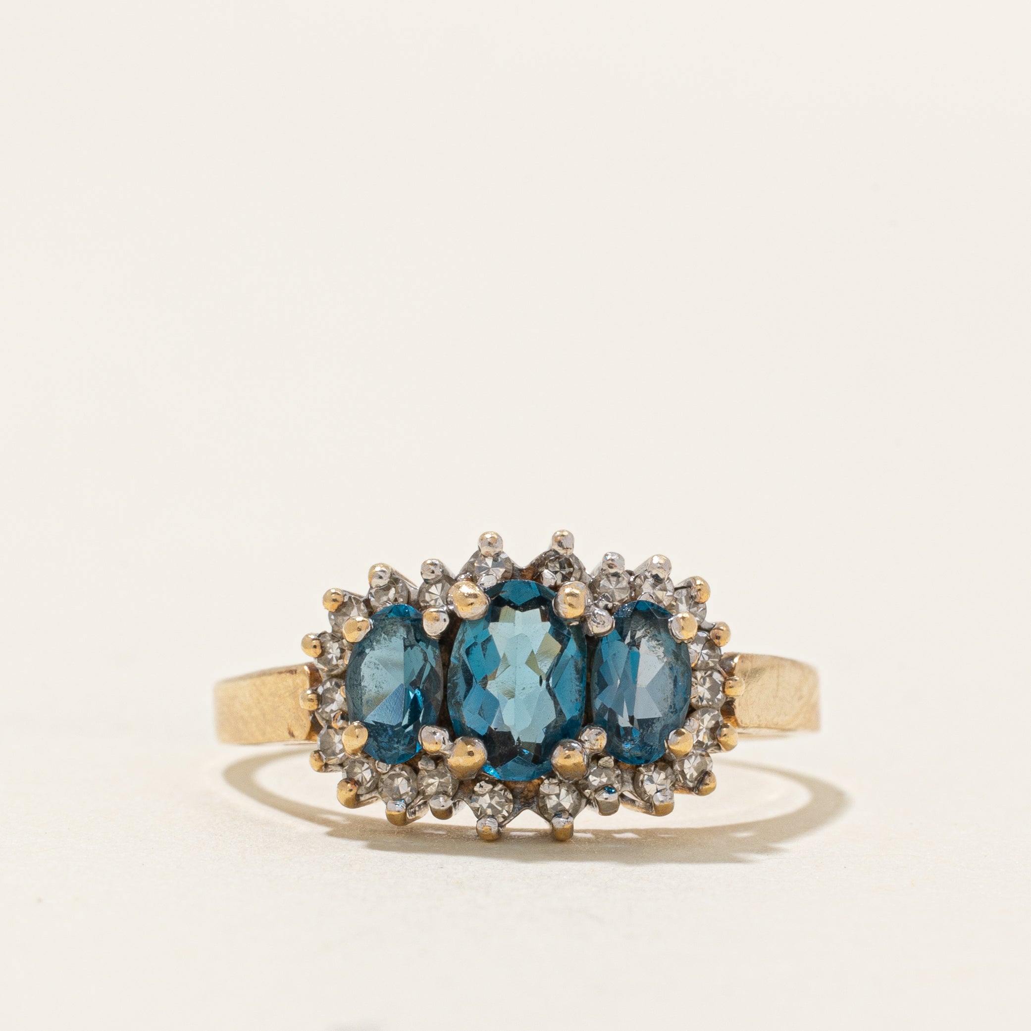 Three Stone London Blue Topaz & Diamond Halo Ring | 1.00ctw, 0.17ctw | SZ 7.5