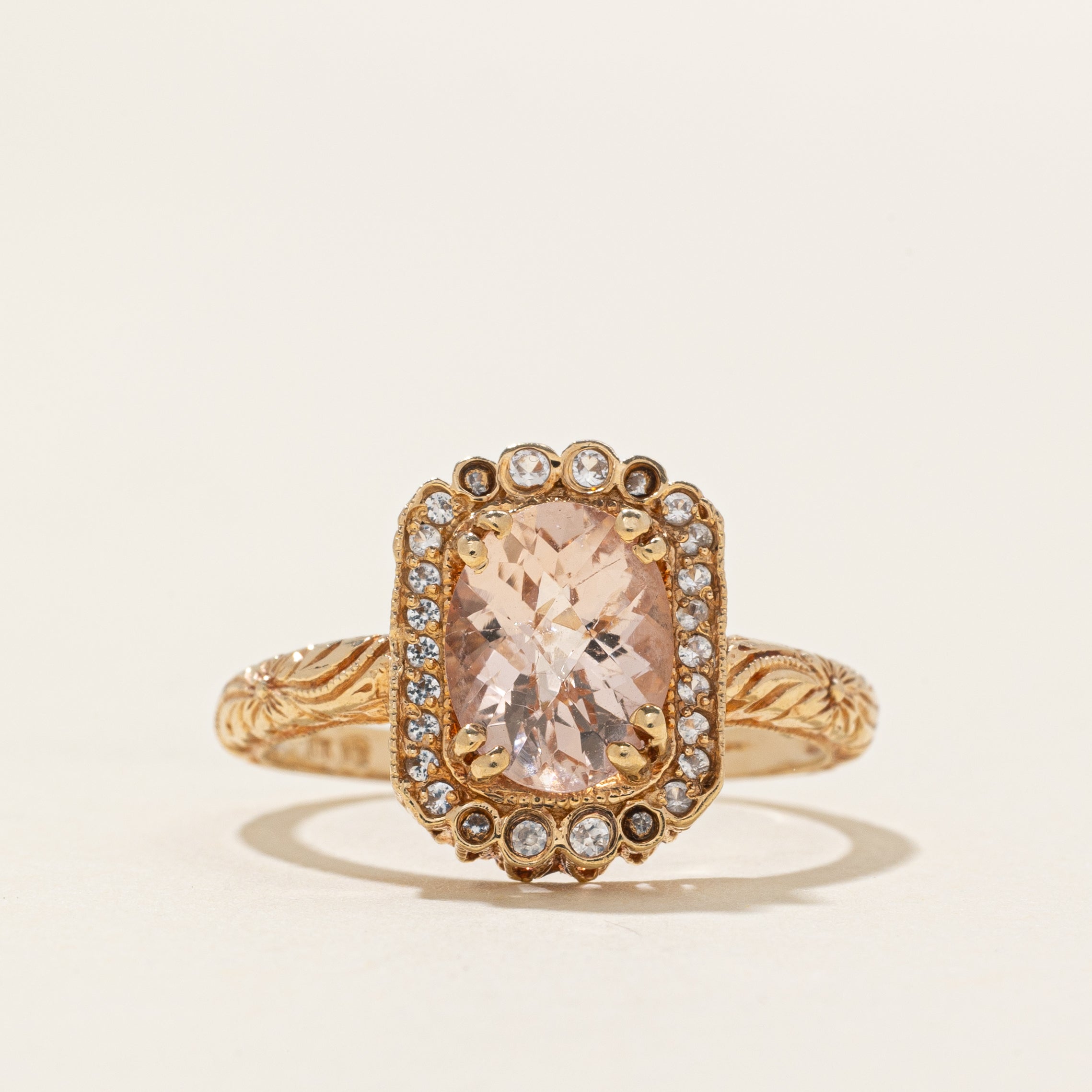 Morganite & White Sapphire Halo Engraved Ring | 2.00ctw | SZ 8