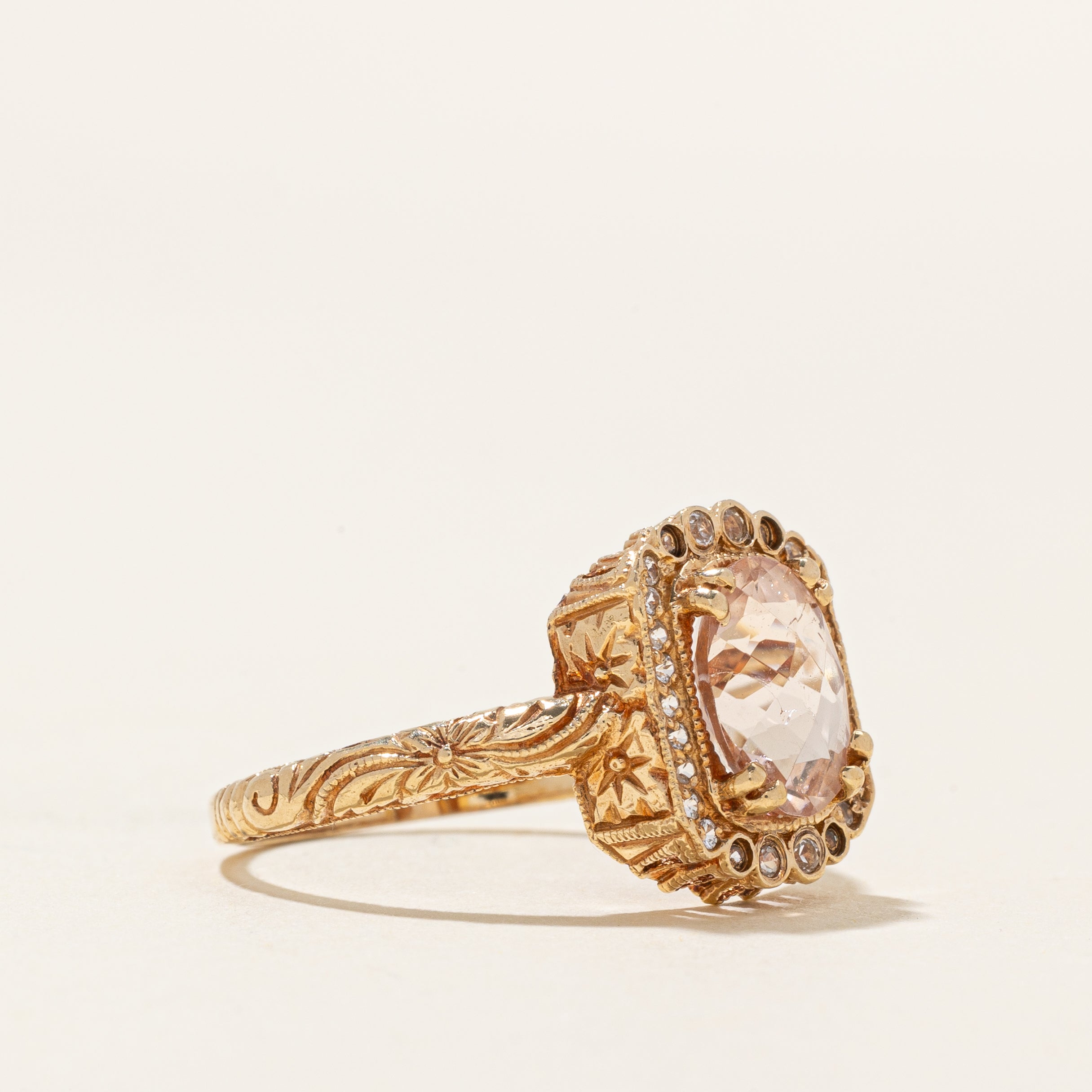 Morganite & White Sapphire Halo Engraved Ring | 2.00ctw | SZ 8