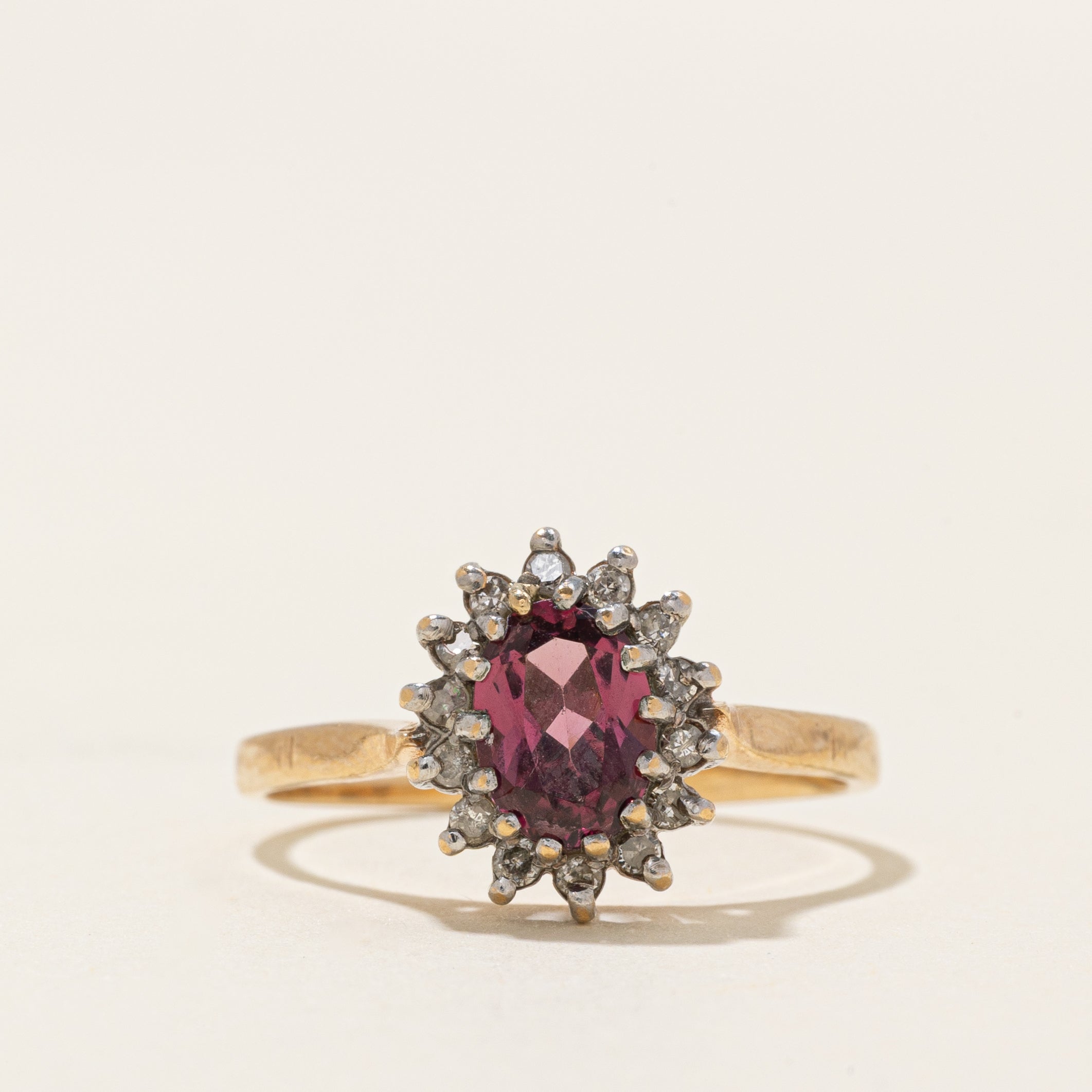 Oval Cut Rhodolite Garnet & Diamond Petal Halo Ring | 1.00ct, 0.15ctw | SZ 6.5