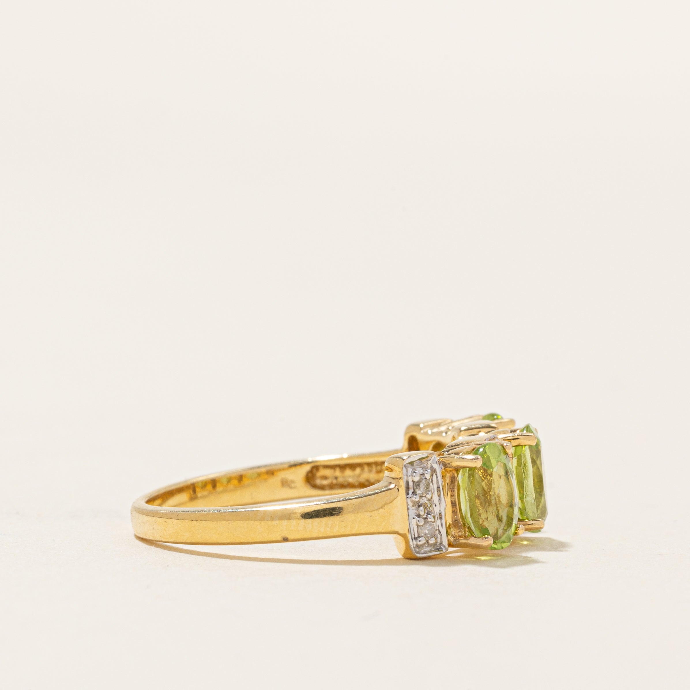 18k Three Stone Peridot & Diamond Accented Ring | 1.50ctw, 0.08ctw | SZ 7.5