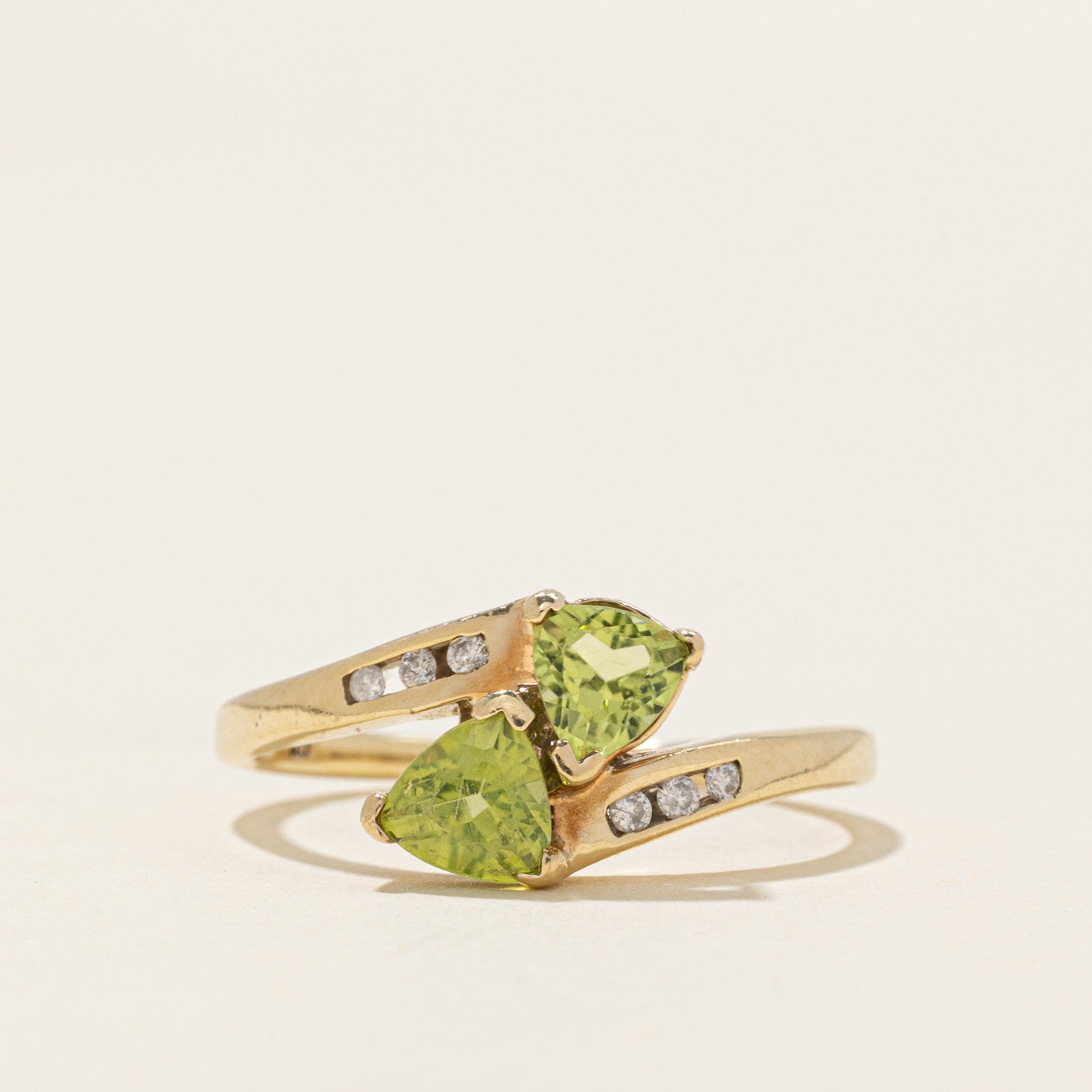 Two Stone Peridot & Diamond Bypass Ring | 1.00ctw, 0.66ctw | SZ 8.25
