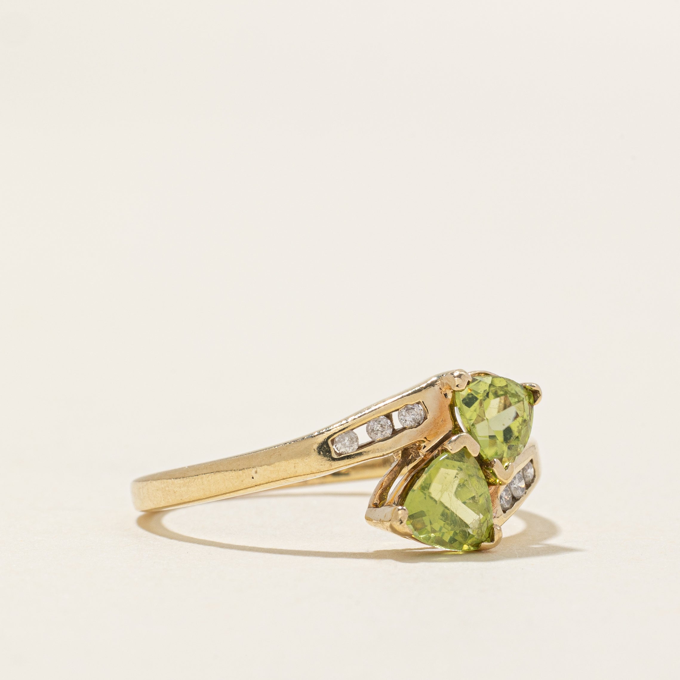 Two Stone Peridot & Diamond Bypass Ring | 1.00ctw, 0.66ctw | SZ 8.25