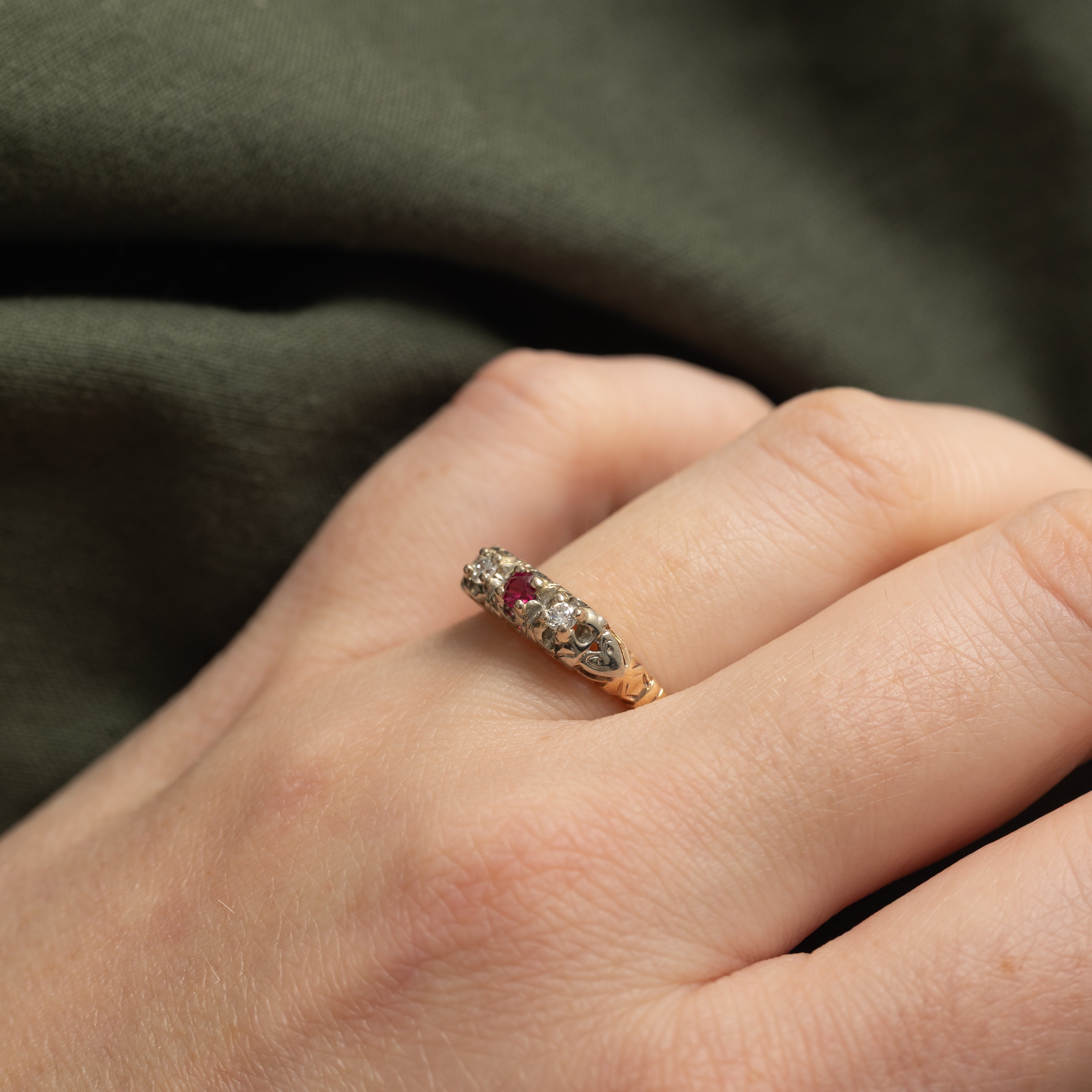 Synthetic Ruby & Natural Diamond Engraved Ring | 0.07ct, 0.08ctw | SZ 7