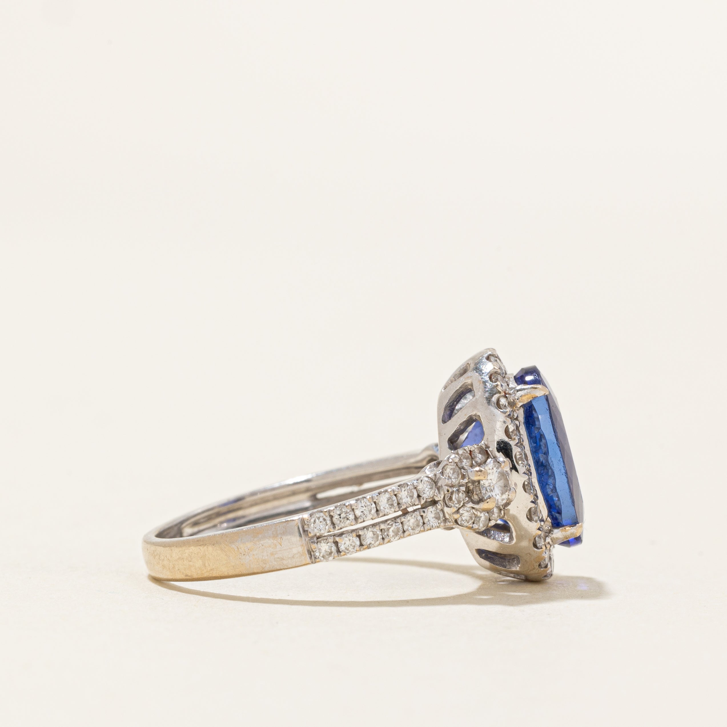 18k Oval Cut Tanzanite & Diamond Halo Ring | 3.93ct, 0.77ctw | SZ 7